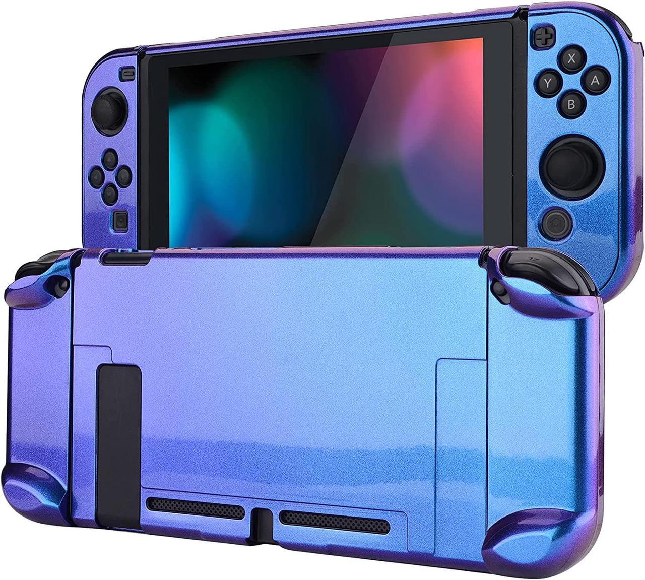 eXtremeRate PlayVital Glossy Back Cover for Nintendo Switch Console, NS Joycon Handheld Controller Separable Protector Hard Shell, Dockable Protective Case for Nintendo Switch - Chameleon Purple Blue