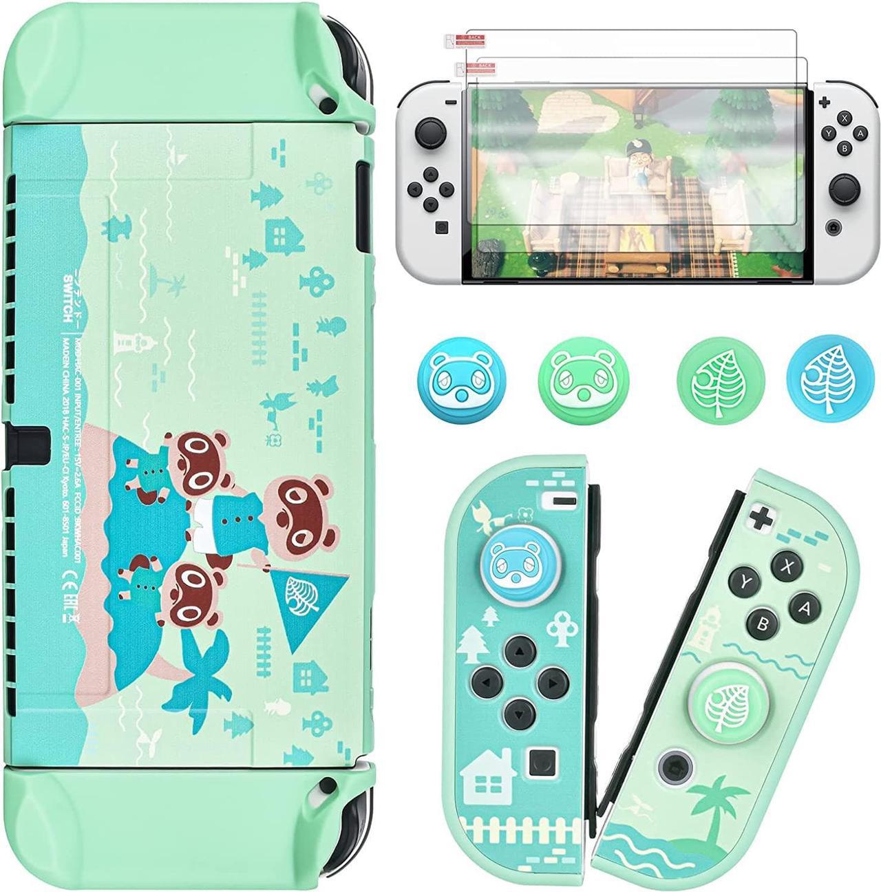 DLseego Animal Crossing Switch OLED Case Protective Cover Dockable Hard Shell Joy Con Skin Accessory with 4PCS Thumb Grips Caps and 2Pc Screen Protectors