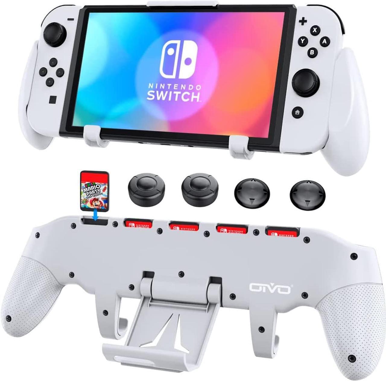 OIVO Switch Grip with Upgraded Adjustable Stand Compatible with Nintendo Switch, Asymmetrical Grip with Upgraded Adjustable Stand/Cartridge Holders and 5 Game Slots- 4 Thump Caps Included-White