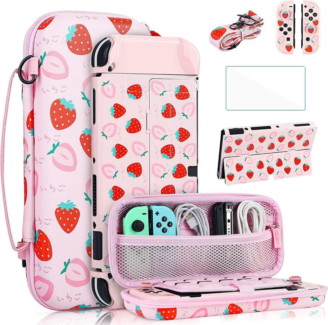 FANPL Cute Carrying Case for Nintendo Switch OLED 2021, Pink Protective Cover Accessories Bundle with Travel Case, PC Shell, Adjustable Shoulder Strap, Thumb Grips, Screen Protector (Pink Strawberry)