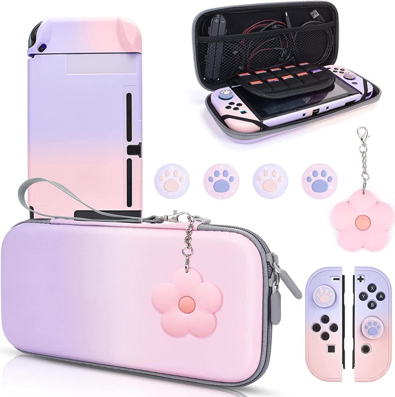 DLseego Pink and Purple Switch Case Set Gradient Carrying Case with 10 Slots Cute Protective Dockable Hard Shell with 4PCS Glitter Cat Paw Thumb Grips Caps and 1PC Flower Blossom Chain For Switch 2017