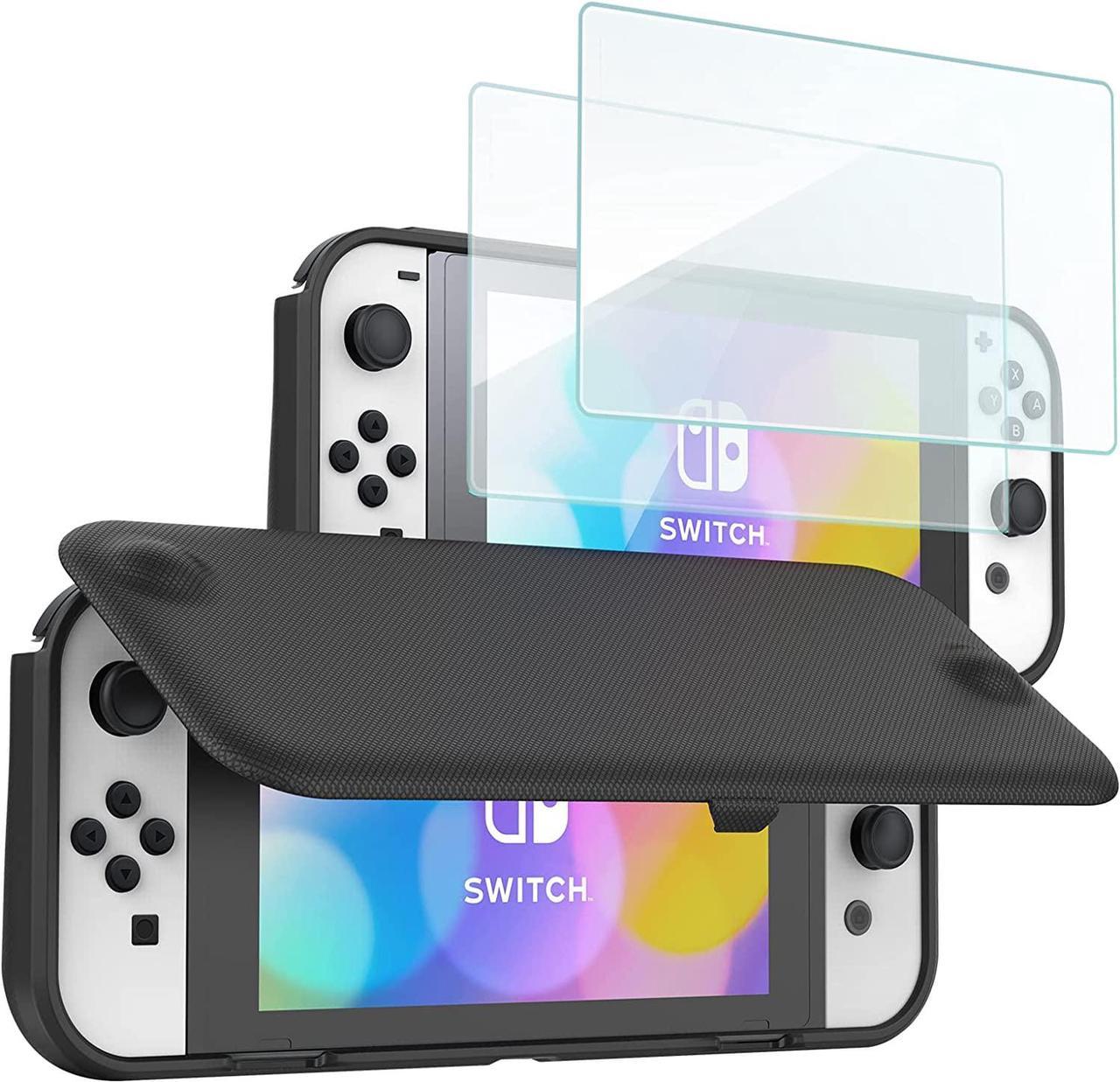 ProCase for Nintendo Switch OLED 2021 Flip Cover with 2 Pack Tempered Glass Screen Protectors, Slim Protective Flip Case with Magnetically Detachable Front Cover for Nintendo Switch OLED Model -Black