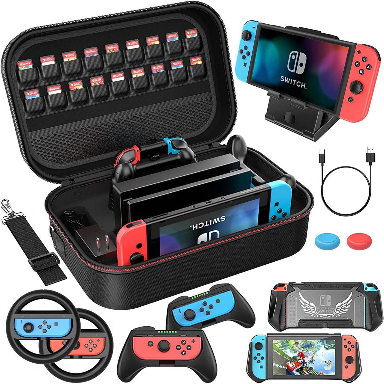 Switch Carrying Case Compatible with Nintendo Switch, 12 In 1 Accessories Bundle for Nintendo Switch with Carrying Case, Protective Case, Screen Protector, PlayStand, Joycon Grip & More (Black)