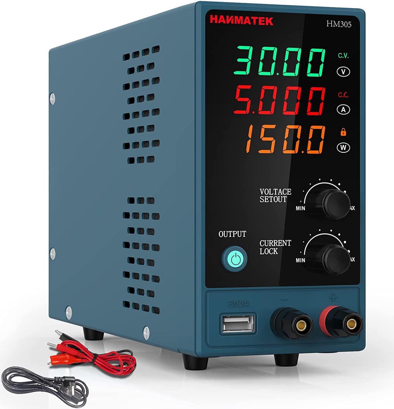 HANMATEK HM305 DC Power Supply Variable, 0-30V/0-5A Adjustable Bench Power Supply with 4-Digit LED Display, Display Power, Lock Function(Button), Protective Function, One Key Switch Control