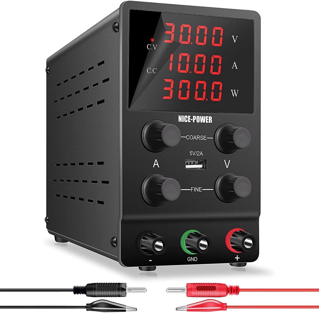 NICE-POWER DC Power Supply Variable 30V 10A Adjustable Switching Regulated High Precision 4-Digits LED Display 5V/2A USB Port Output & Input Power Cord Bench Lab Power Supplies