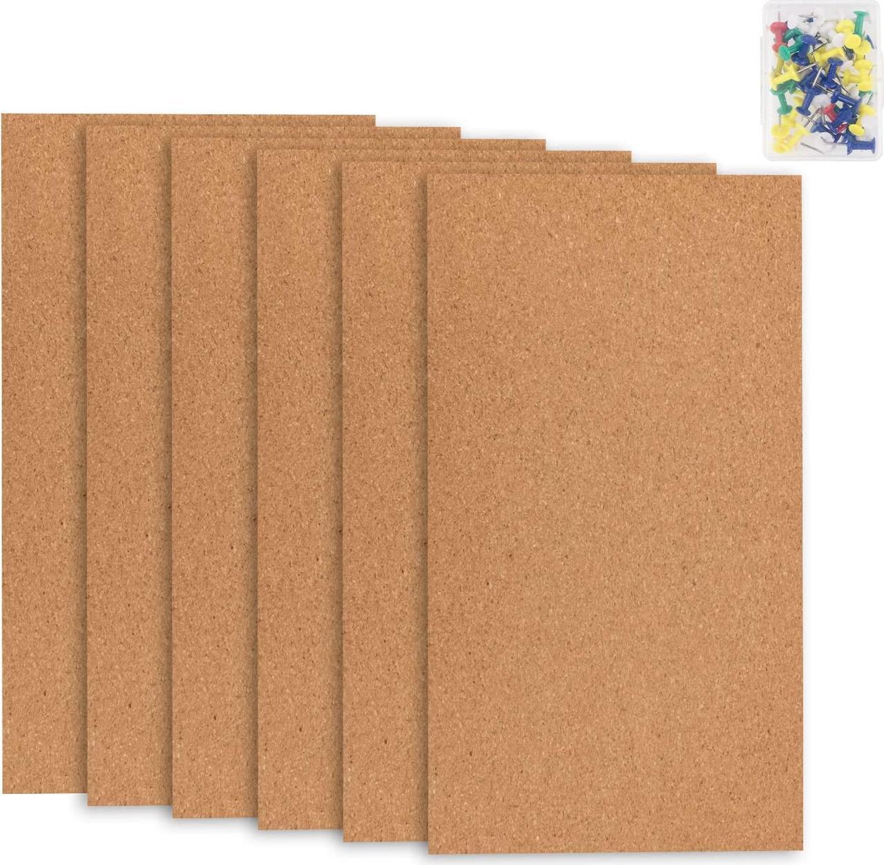 6 Pack Cork Bulletin Board,1/2" Thick Cork Boards Frameless Cork Tiles,Self-Adhesive Corkboards Wall Decor Cork Board Tiles with 50 PCS Pushpins for Office, School and Home(17 x 8 Inch)