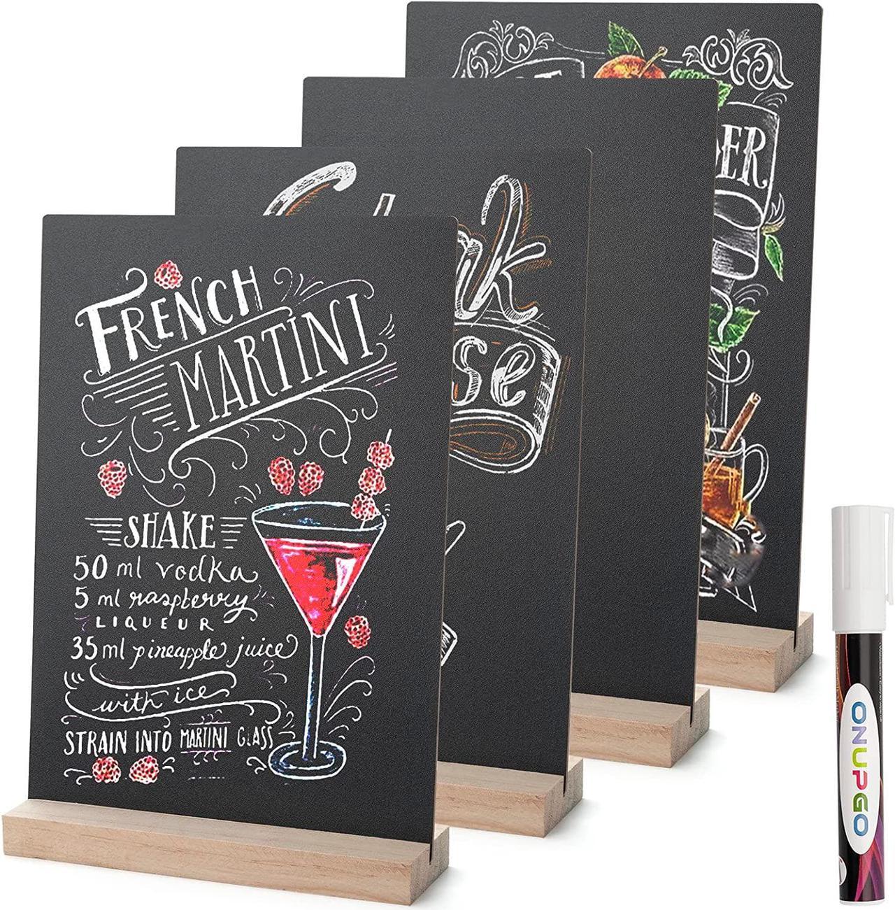 ONUPGO Set of 4 Tabletop Chalkboard Sign with Base Stand, 8 x12 Inch Menu Chalk Board Sign Store Food Signs, Message Boards for Party, Wedding, Tables Decoration, Bar and Restaurant