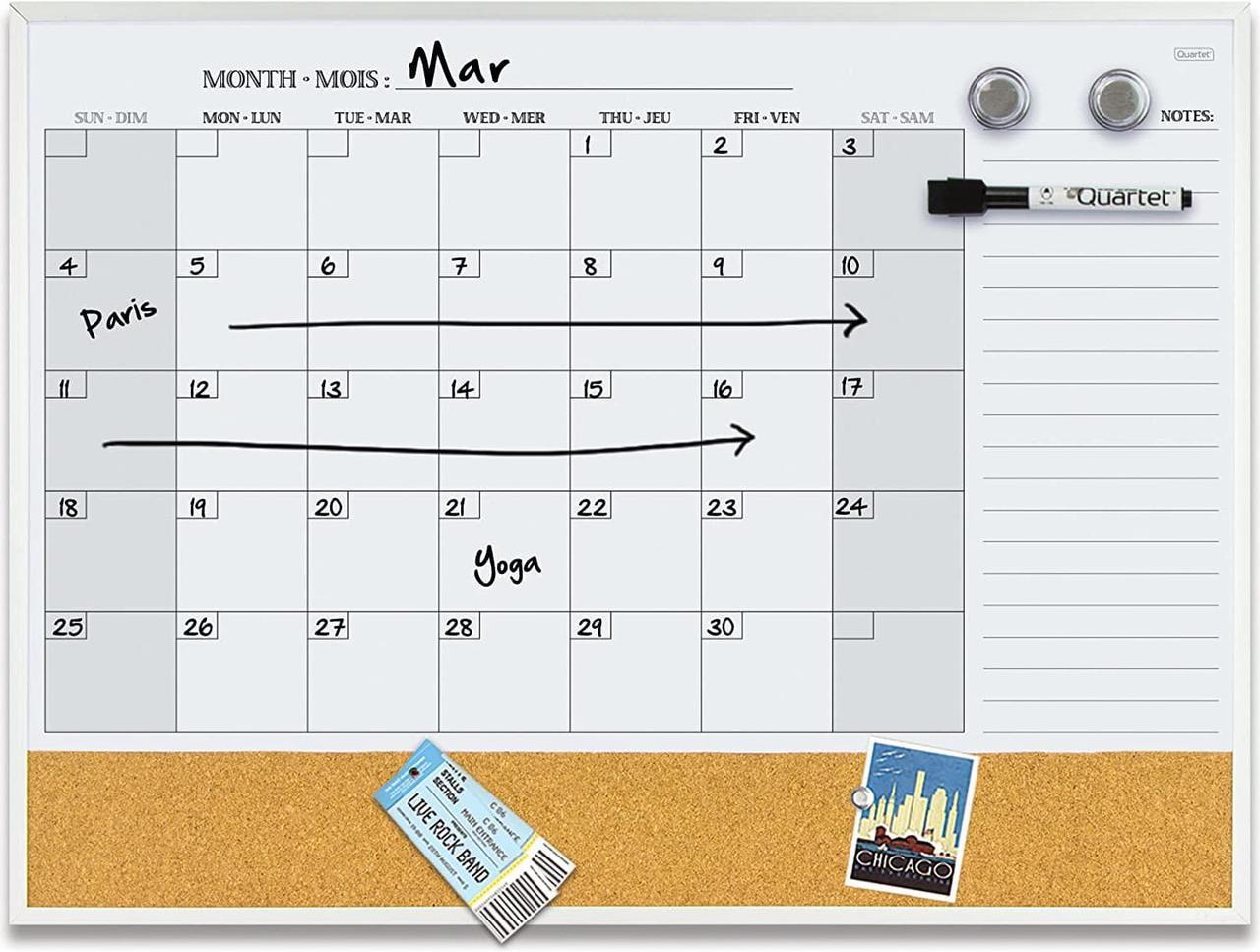 Quartet 6447415861 Slim Aluminum Magnetic Dry Erase Calendar Combo Board, Two Magnets Dry Erase Marker