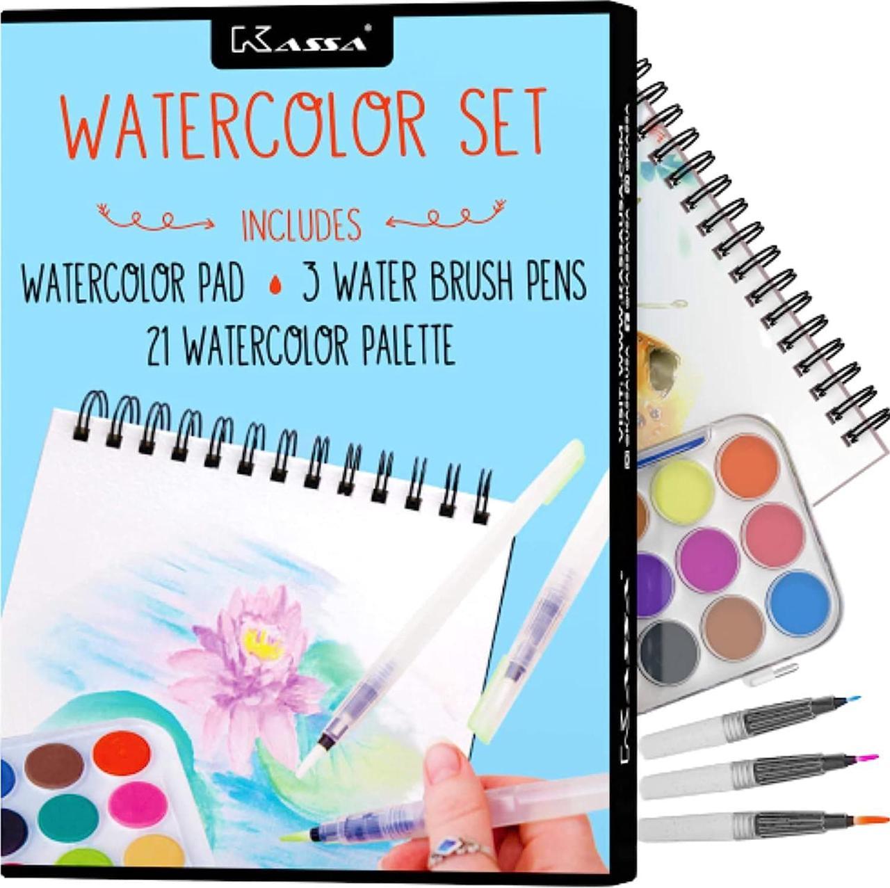 Kassa Beginner Watercolor Set - Bundle Includes Water Brush Pens (3 Assorted Sizes), Painting Pad (30 Sheets) & Paint Pan (21 Watercolors) - Watercolour Art Supplies Starter Kit for Kids & Adults