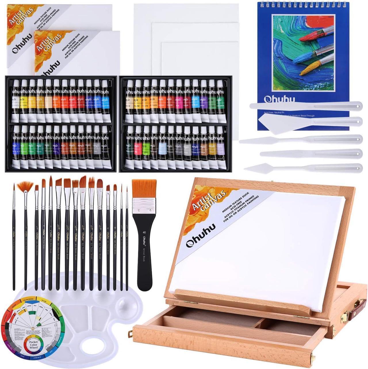 Acrylic Painting Set, Ohuhu 78pcs Artist Set with 48 Non Toxic Acrylic Paint Tubes, Wood Table-Top Easel Box, Art Painting Brushes and Acrylic Painting Pads for Artists Adult Painting