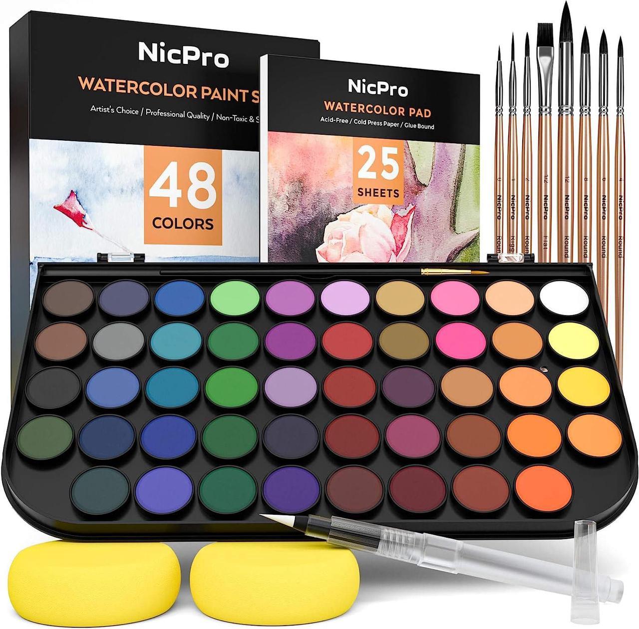 Nicpro Watercolor Paint Set, 48 Water Colors Kit with 8 Squirrel Brushes, Palette, Watercolor Pen, 25 Art Pad Paper, 2 Art Sponges, Non-Toxic Painting Supplies for Kids, Adults, Beginners, Artists