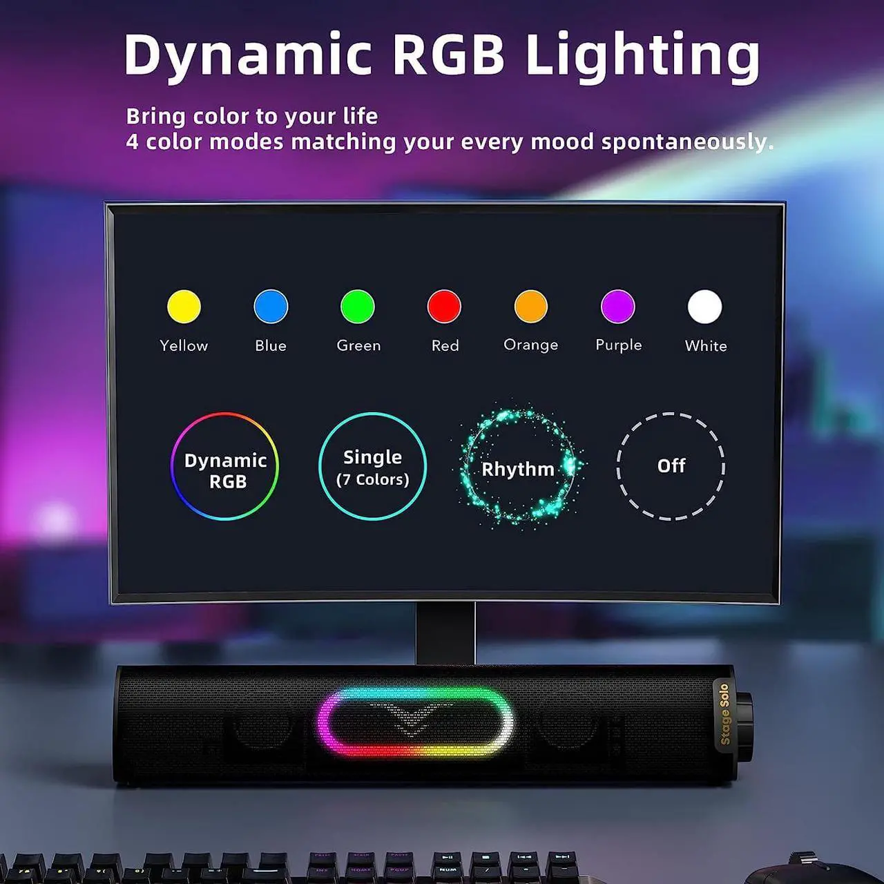 Alt view image 2 of 6 - Computer Speakers, Dynamic RGB Computer Sound Bar, HiFi Stereo Bluetooth 5.3 & USB Plug-N-Play, USB Powered Computer Speakers for Desktop, PC, Laptop, Monitor, Projector, Gaming, with 3.5mm Aux Cable