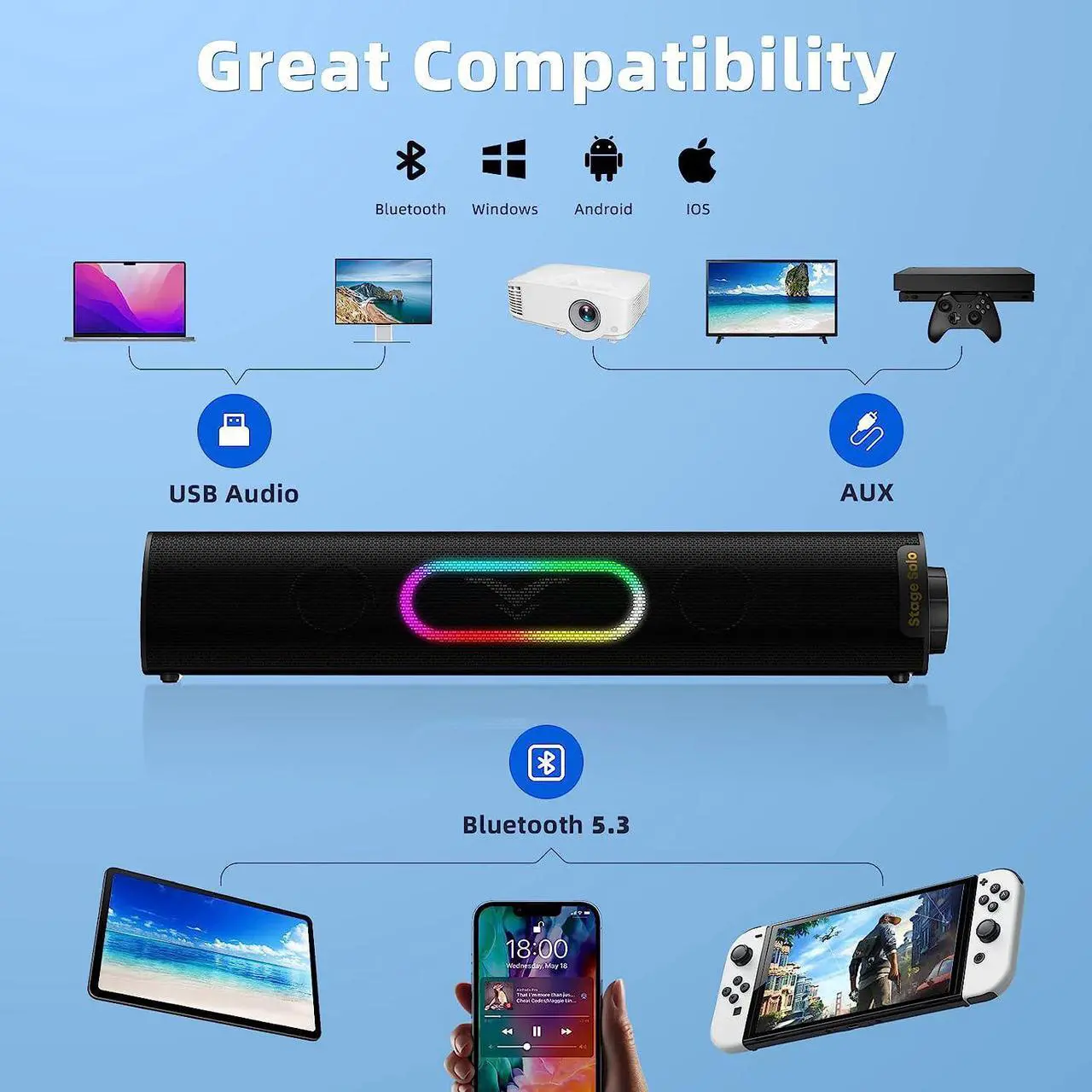 Alt view image 4 of 6 - Computer Speakers, Dynamic RGB Computer Sound Bar, HiFi Stereo Bluetooth 5.3 & USB Plug-N-Play, USB Powered Computer Speakers for Desktop, PC, Laptop, Monitor, Projector, Gaming, with 3.5mm Aux Cable