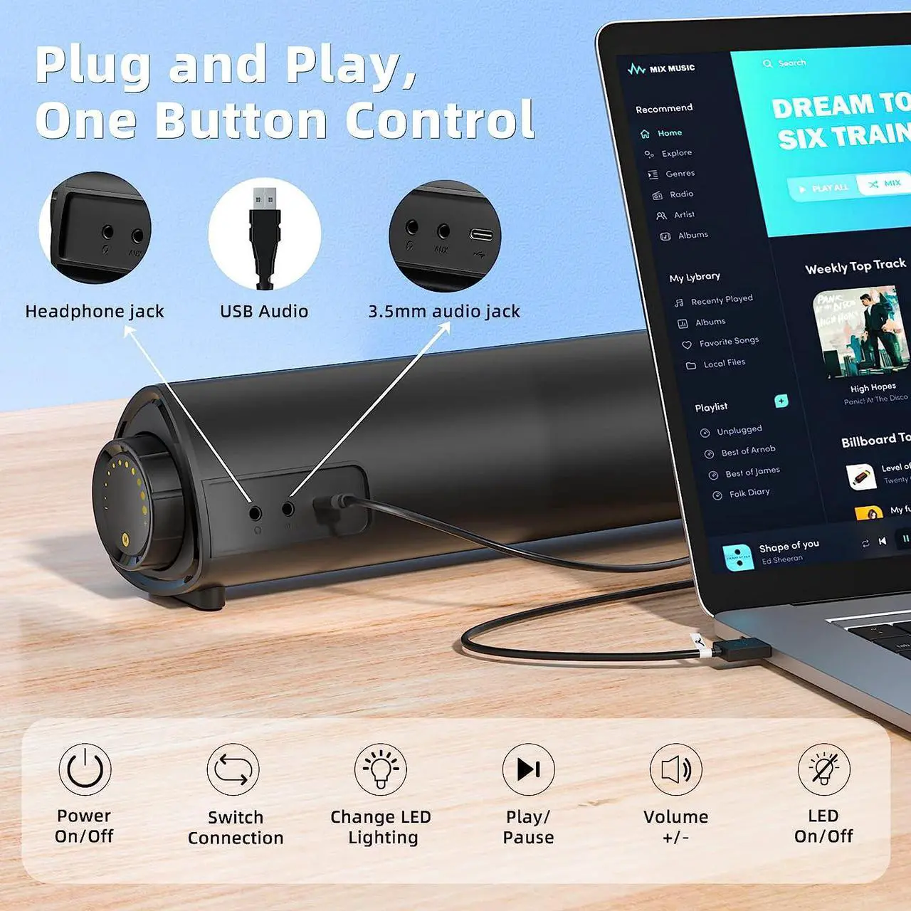 Alt view image 5 of 6 - Computer Speakers, Dynamic RGB Computer Sound Bar, HiFi Stereo Bluetooth 5.3 & USB Plug-N-Play, USB Powered Computer Speakers for Desktop, PC, Laptop, Monitor, Projector, Gaming, with 3.5mm Aux Cable