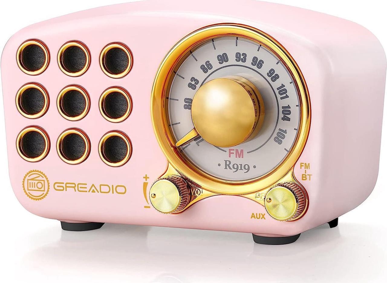 Retro Bluetooth Speaker, Vintage Radio-Greadio FM Radio with Old Fashioned Classic Style, Strong Bass Enhancement, Loud Volume, Bluetooth 5.0 Wireless Connection, TF Card and MP3 Player (Pink)