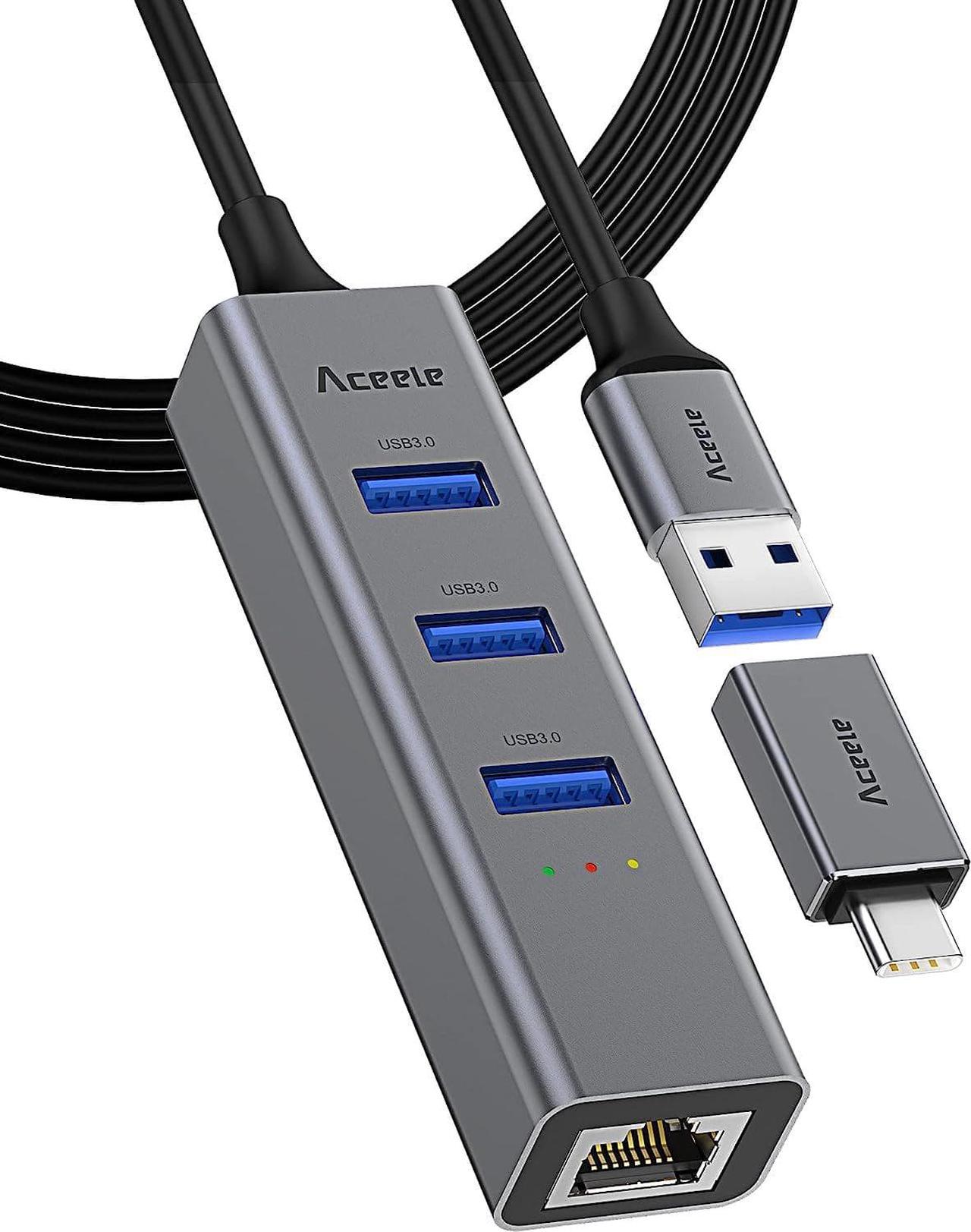 Aceele USB to Ethernet Adapter, 2ft Extension Long Cable Cord, USB Hub 3 Ports USB 3.0 Splitter RJ45+Gigabit Ethernet Network Adapter, with USB Type C Adapter, Support Windows 11/10, MacBook, Surface.