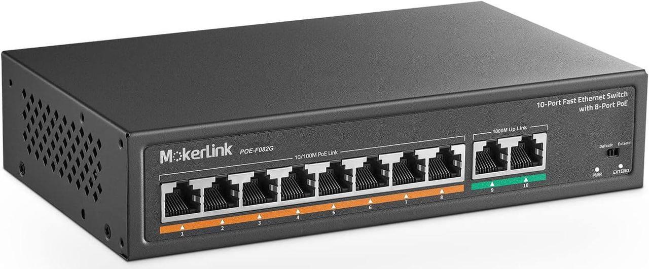 MokerLink 10 Port PoE Switch with 8 PoE+ Port, 2 Gigabit Uplink, 802.3af/at PoE+ 100Mbps, 120W, Extend to 250Meter, Metal Plug & Play, Fanless No Noise