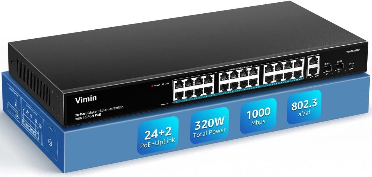 24 Port Gigabit PoE Switch Unmanaged with 2 Uplink Gigabit Ports 2 SFP, 320W High Power, Support IEEE802.3af/at, Vlan, Rackmount. VIMIN 28 Port Network Power Over Ethernet Switch.