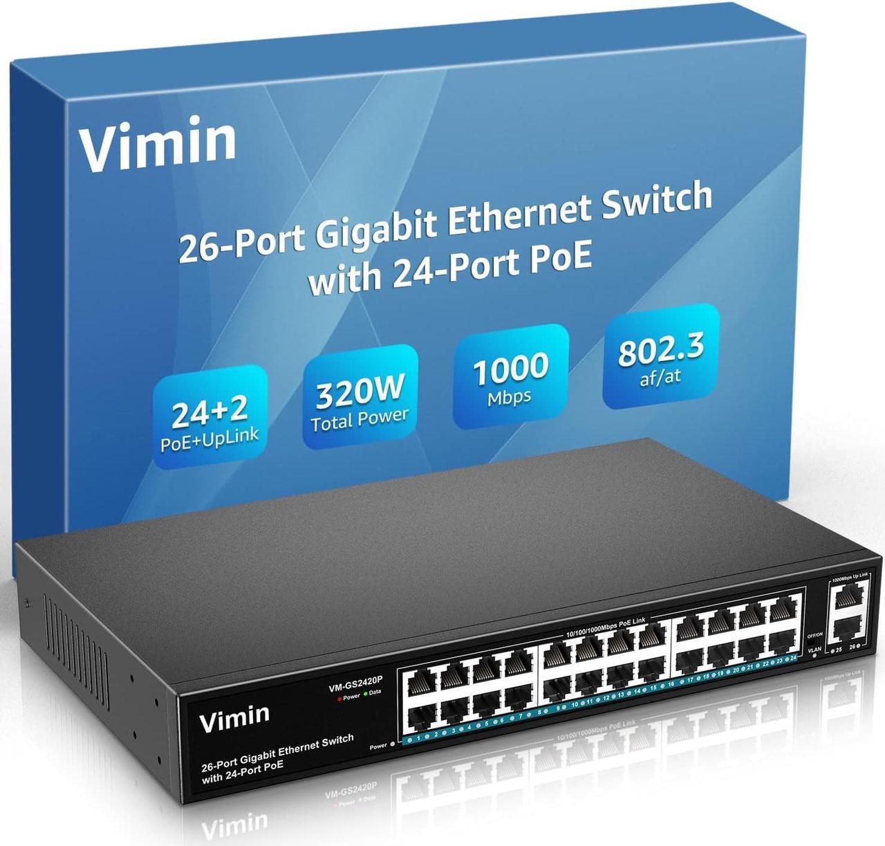 24 Port Gigabit PoE Switch Unmanaged with 2 Uplink Gigabit Ports, 320W High Power, Support IEEE802.3af/at,Vlan, Rackmount. VIMIN 26 Port Network Power Over Ethernet Switch.