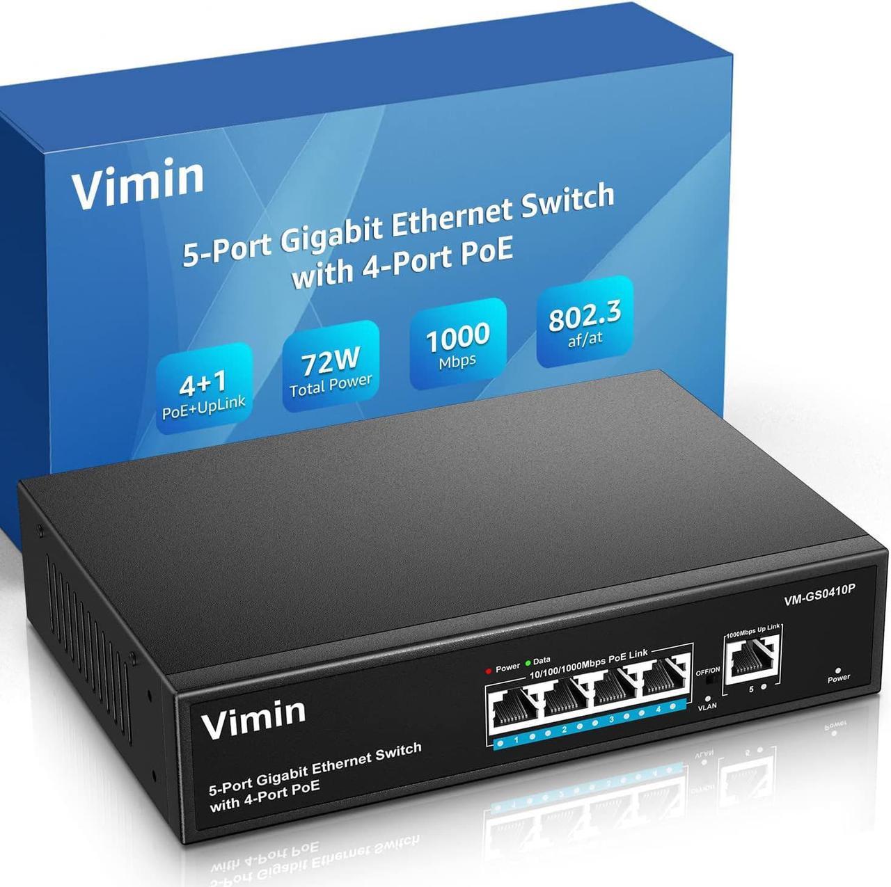 4 Port Gigabit PoE Switch Unmanaged with 1 Uplink Gigabit Ports, 72W High Power, Support IEEE802.3af/at,Vlan. VIMIN 5 Port Network Power Over Ethernet Switch.