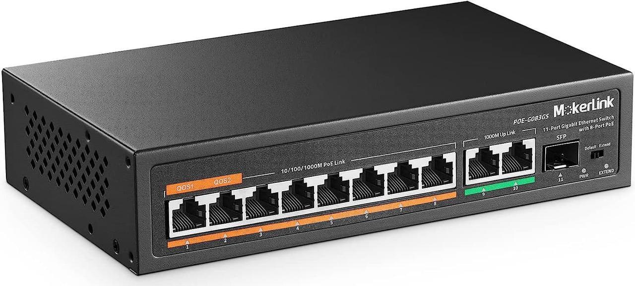 MokerLink 11 Port Gigabit PoE Switch with 8 PoE+ Port, 2 Gigabit Uplink, 1 SFP Port, 120W AI Detection, Qos, Fanless Metal Plug & Play Network Switch