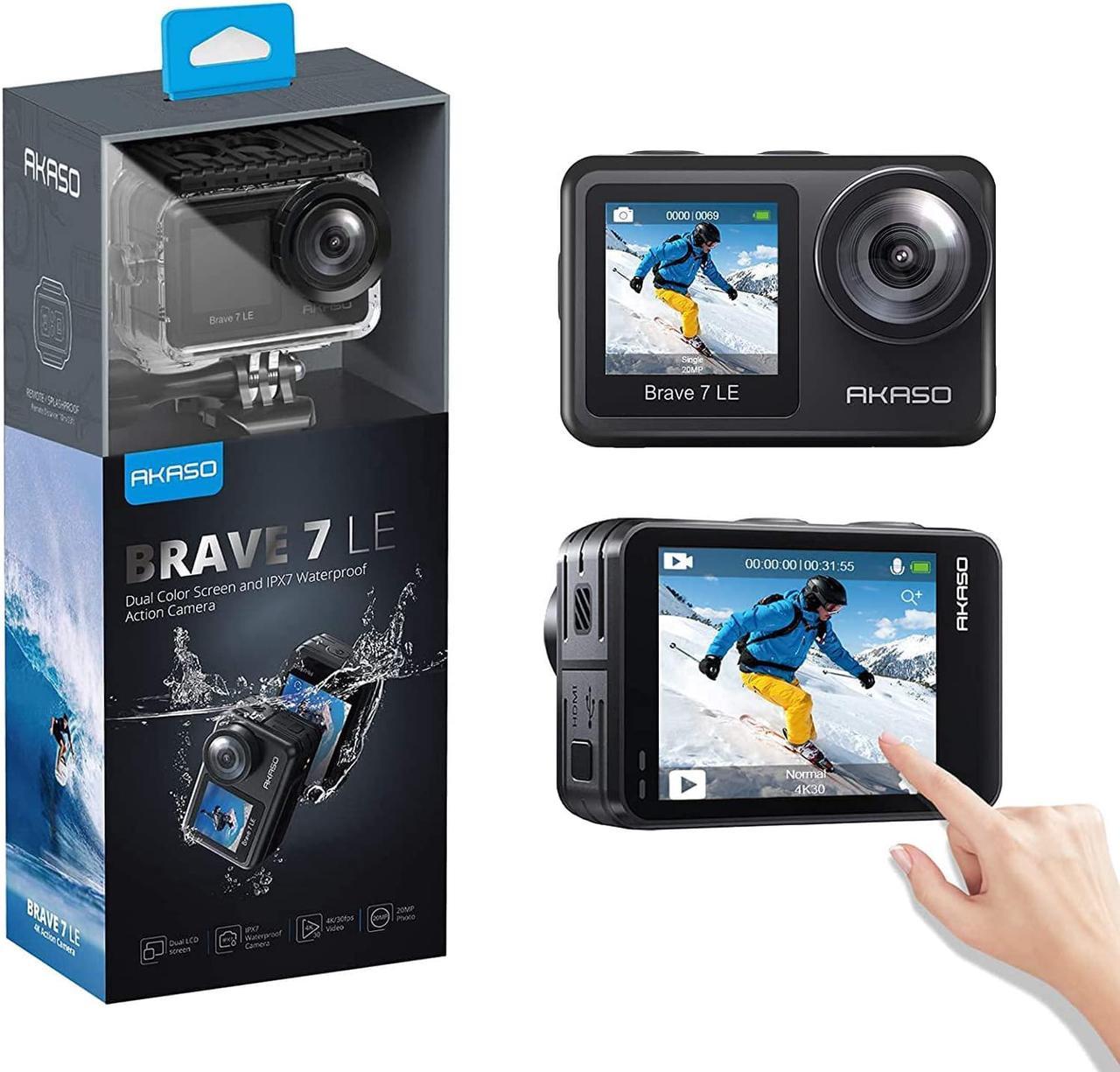 AKASO Brave 7 LE Dual Display 4K 30FPS 20MP WiFi Action Camera with Touch Screen Vlog Camera EIS 2.0 Remote Control 131 Feet Underwater Camera with 2X 1350mAh Batteries