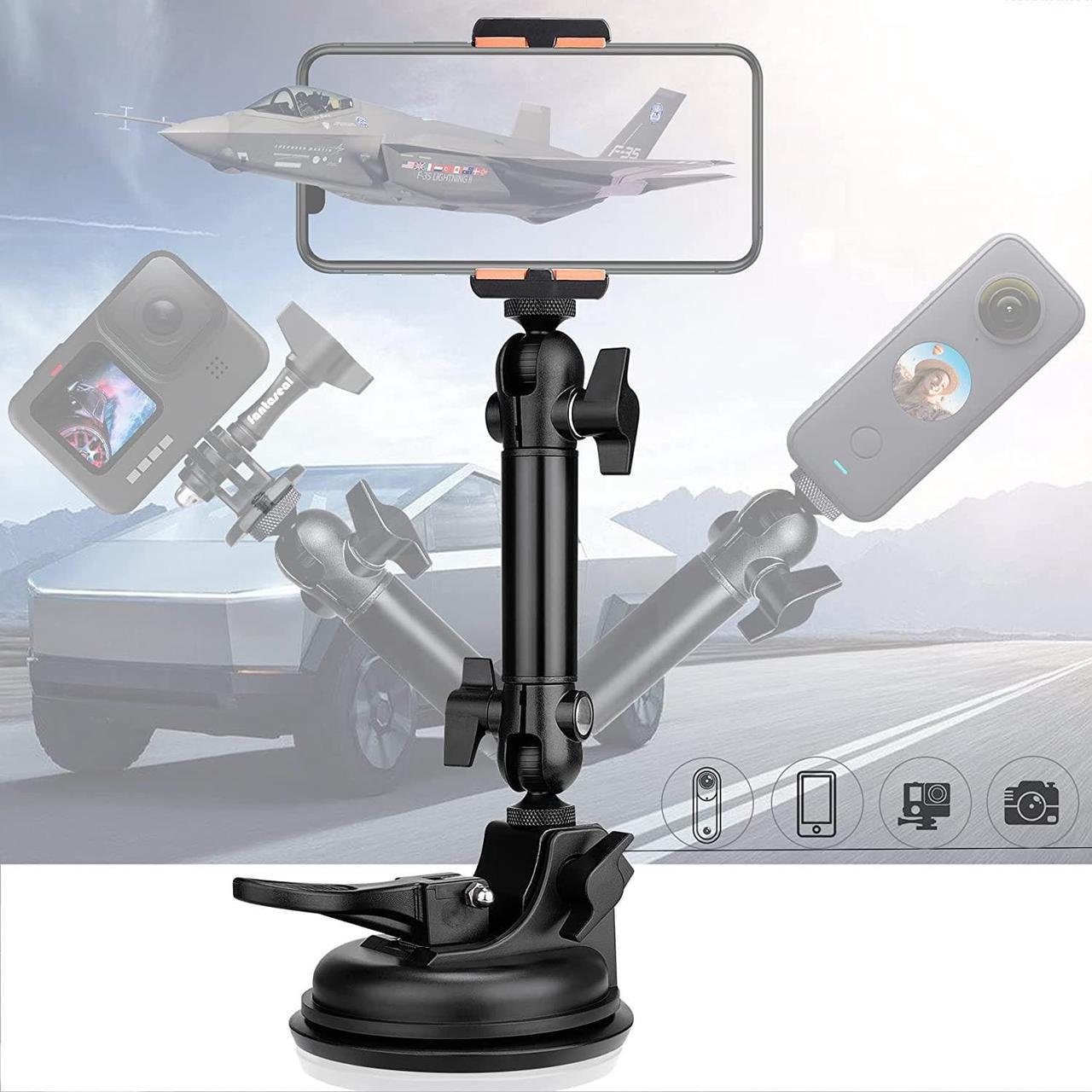 Heavy Duty Super 100mm Suction Cup + Adjustable Dual-Ball-Head Action Camera Dash Cam Phone Car Mount Windscreen Window Cockpit Holder for GoPro insta360 iPhone Hi-Speed Video Recording (1.5kg Load)