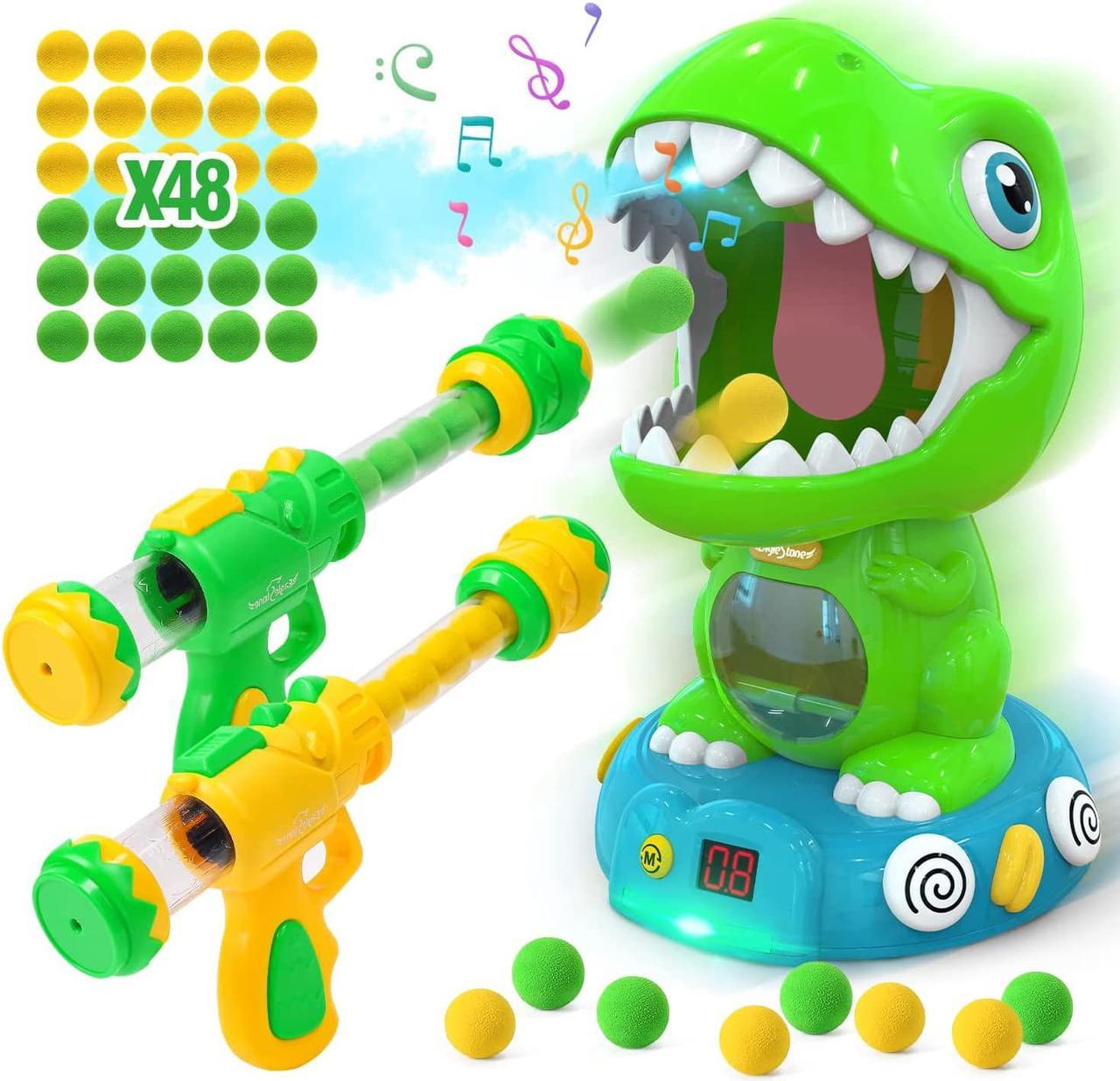 EagleStone Movable Dinosaur Shooting Toys for Kids 5-7 with Spraying, Electronic Target Game Toy with 2 Pump Guns, 48 Foam Balls, Party Favor Christmas Toys with Score Record, Sound, for Boys & Girs