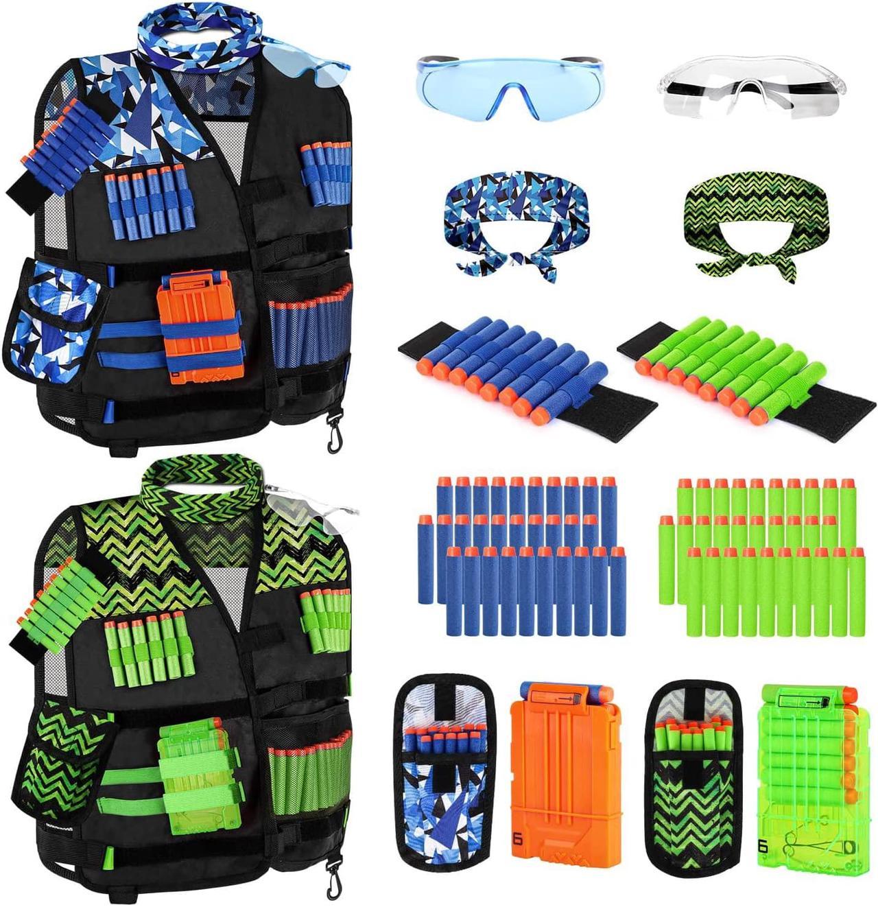 Lehoo Castle Kids Tactical Vest Kit 2 Pack for Nerf Guns N-Strike Elite Series for Boys Girls, with 60 Refill Darts, 2 Dart Pouch,2 Tactical Mask, 2 Reload Clips, 2 Wrist Band and 2 Protective Glasses