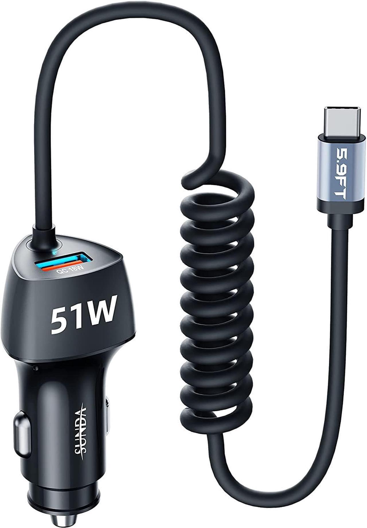 SUNDA USB C Fast Car Charger 51W Dual Ports, Built-in 5.9FT Type C Phone Charger Cable, USB-C Port Charger with PPS 33W/PD 30W/&QC 18W, Compatible with Samsung Galaxy S22/S21/A12/A20/A51/Note22