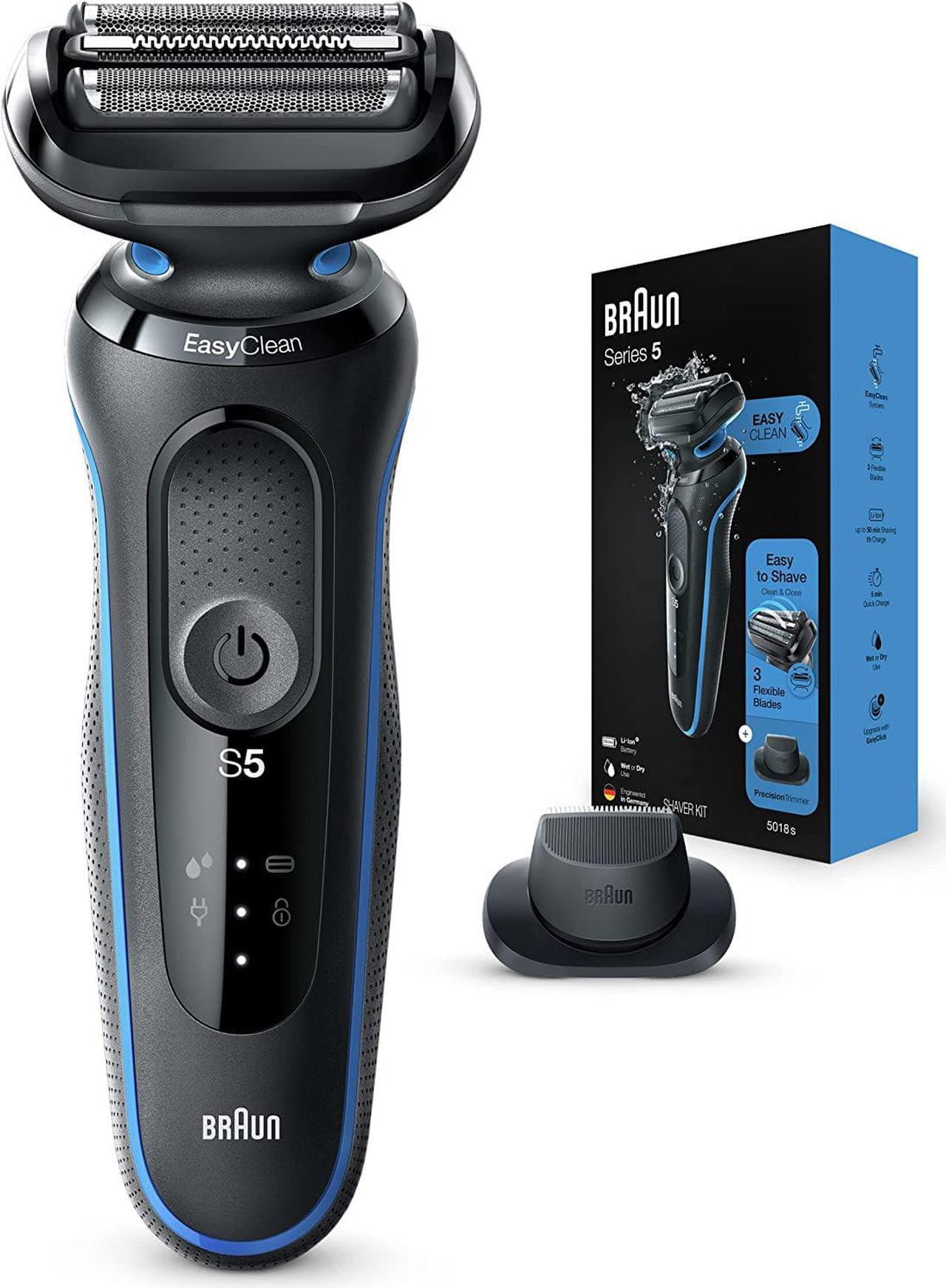 Braun Series 5 5018s Electric Razor for Men with Precision Trimmer, Wet & Dry, Rechargeable, Cordless Foil Shaver, Blue, 1 Count