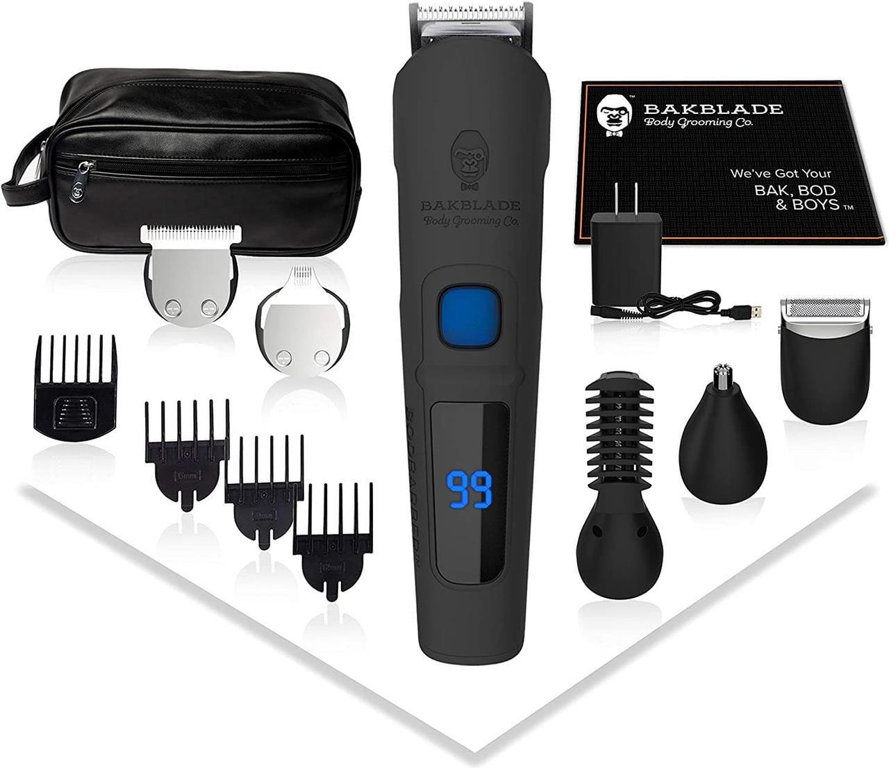 baKblade Grooming Co. - BODBARBER - 11 in 1 Men's Body Grooming Kit, Attachments Include: Groin Groomer, Body Groomer, Beard Groomer, Hair Groomer, Nose & Ear Groomer, Cordless & Waterproof