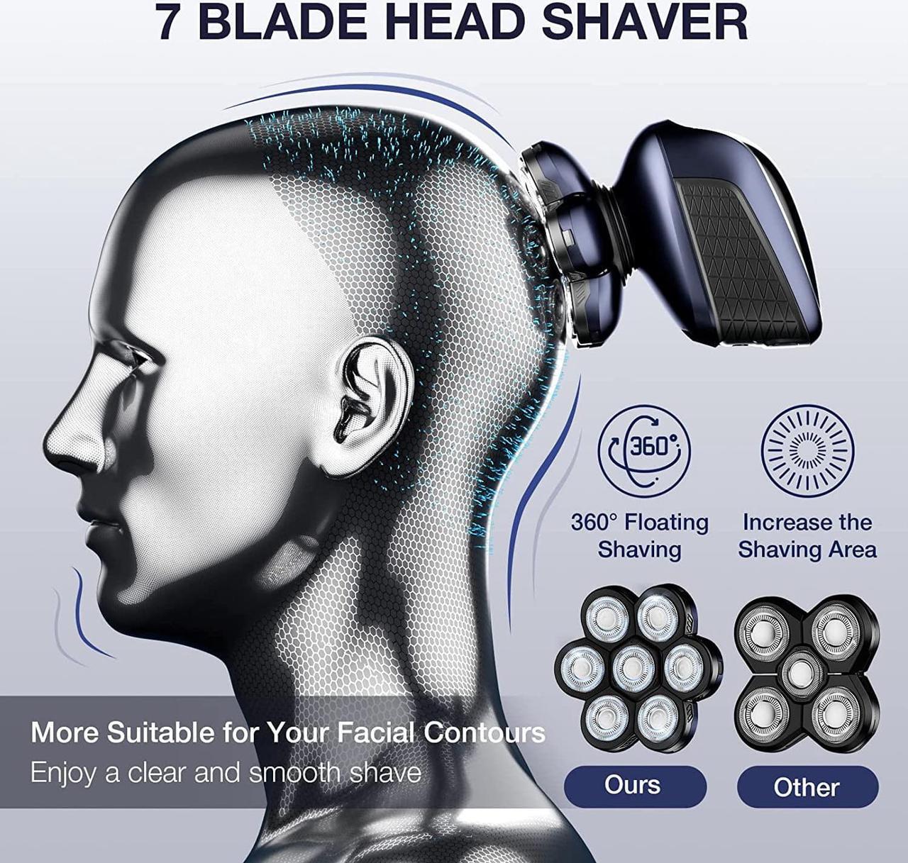 Alt view image 2 of 7 - Head Shaver 7D, Wyklaus Upgrade Head Shavers for Bald Men, Head Electric Razor with Nose Hair Trimmer, Waterproof Wet/Dry Mens Grooming Kit, Anti-Pinch, LED Display, USB Rechargeable