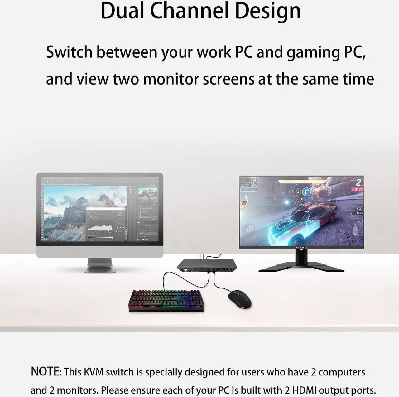 Alt view image 3 of 7 - AV Access KVM Switch Dual Monitor 4K@60Hz, 2K@144Hz, 1080P@240Hz, USB 3.0 KVM Switch 2 Monitors 2 Computers, Ultrawide Screen PC Keyboard Mouse Switcher, Hotkey Switch