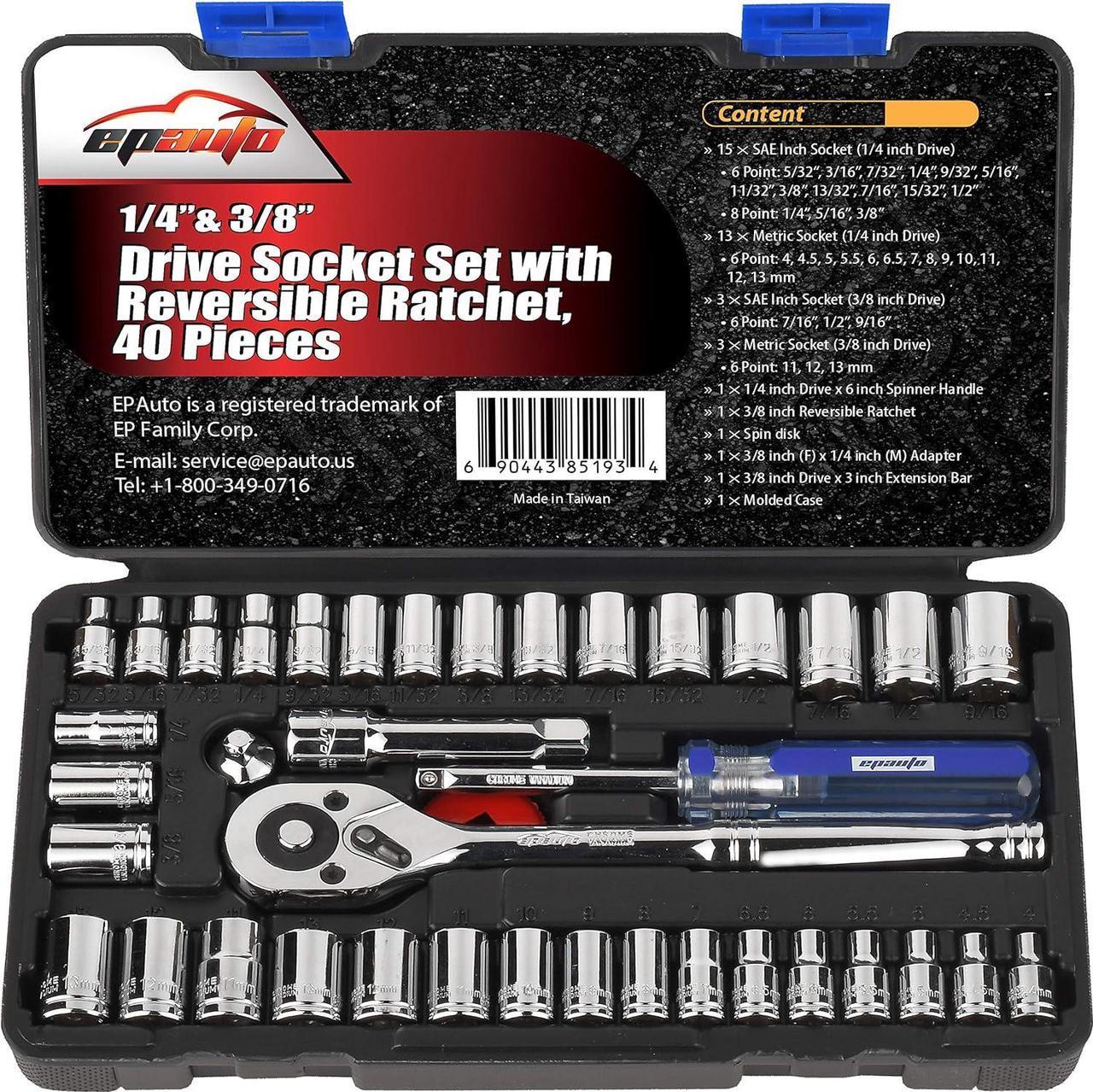 40 Pieces - EPAuto 1/4-Inch & 3/8-Inch Drive Socket Set with 72 Teeth Reversible Ratchet