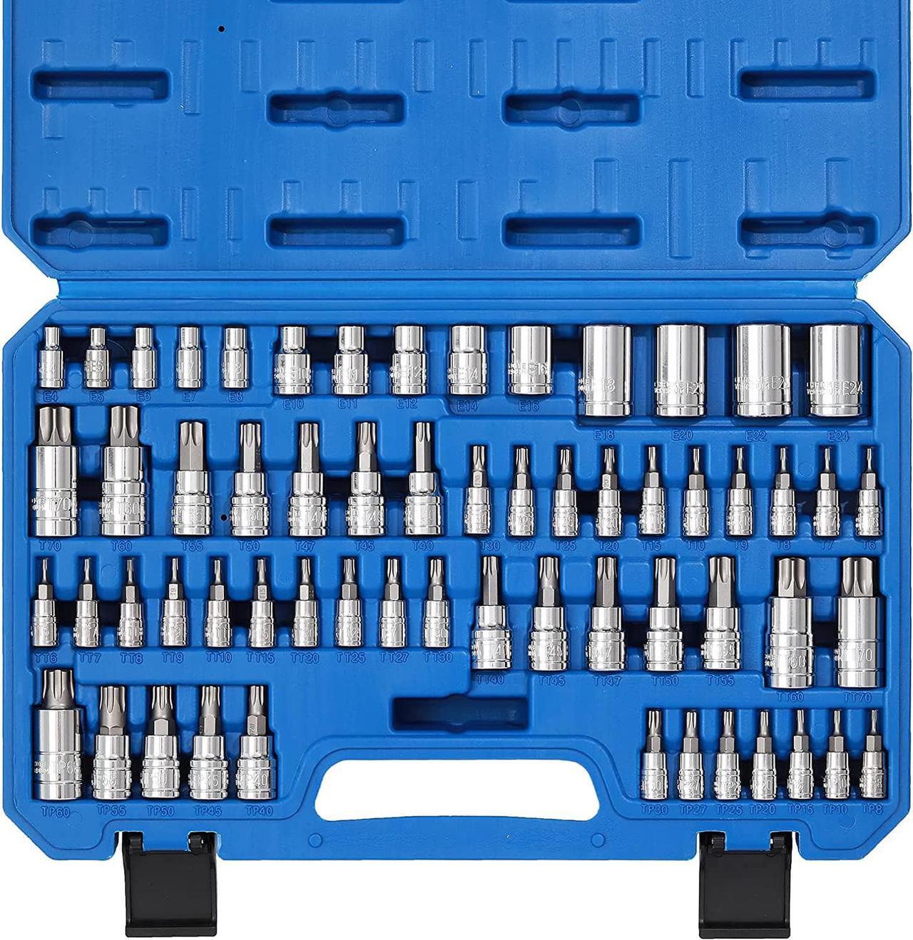 CASOMAN Master Torx Bit Socket and External Torx Socket Set, 60-Piece Set, S2 and Cr-V SteelE4-E24, T6-T70,TT6-TT70,TP8-TP60