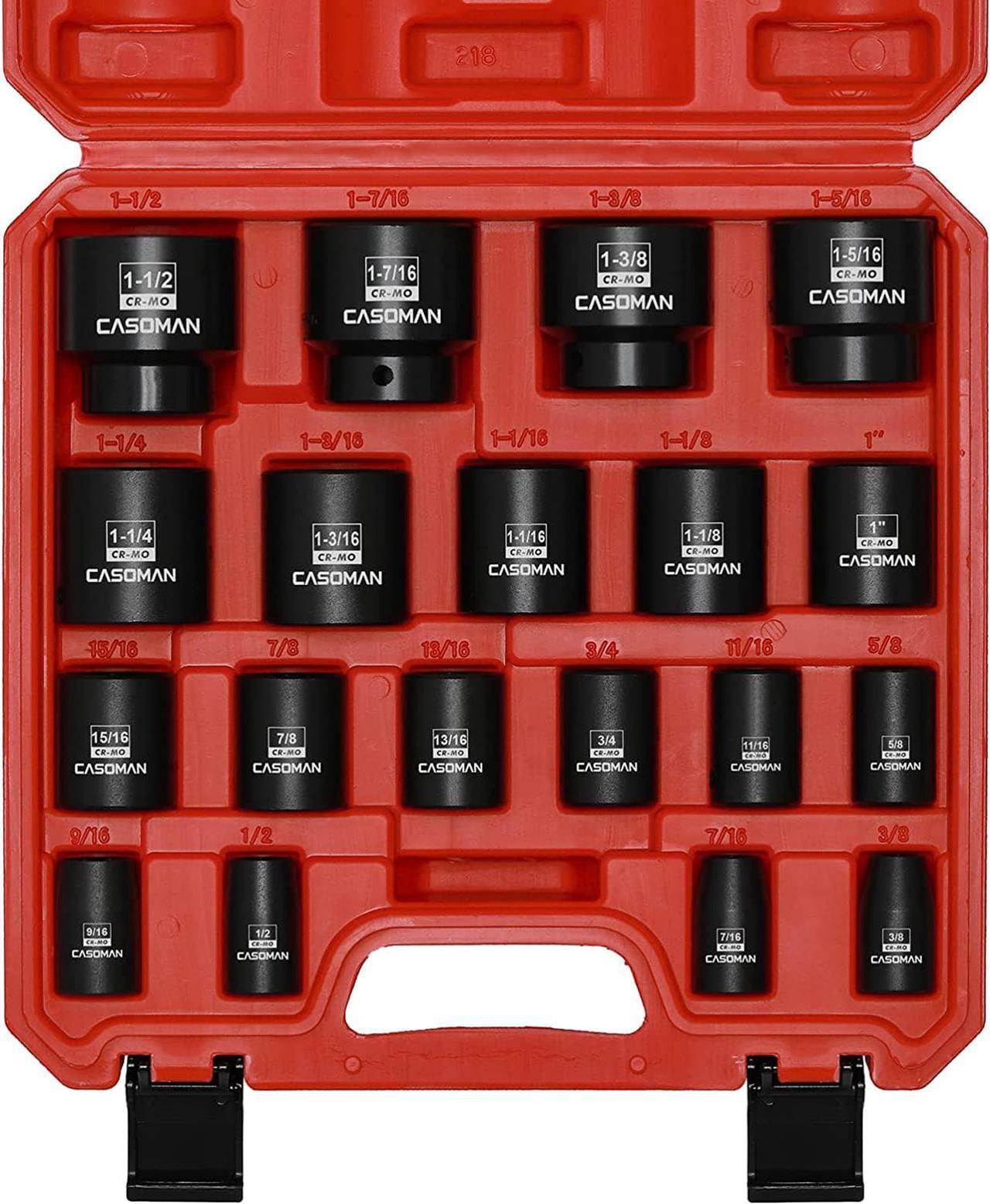 CASOMAN 19 Piece 1/2-Inch Drive Standard Impact Socket Set, SAE, Shallow, 3/8" to 1-1/2", Cr-Mo Alloy Steel, Radius Corner Design, Impact Grade