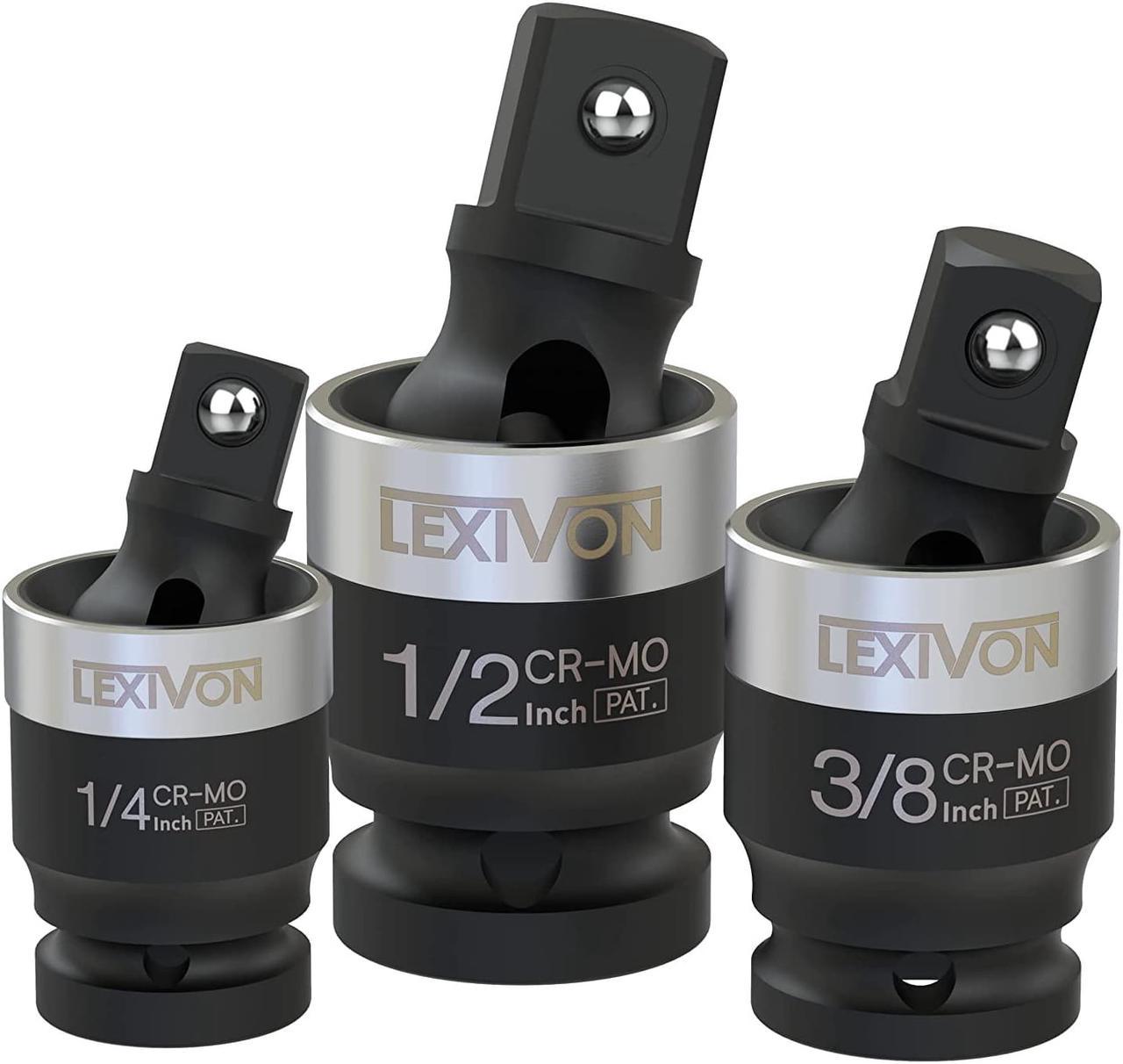 LEXIVON Impact Universal Joint - Patented SLIM Design | 3-Piece 1/2", 3/8", and 1/4" Socket Swivel Set | Chrome-Molybdenum Steel Full Impact Grade (LX-113-S)