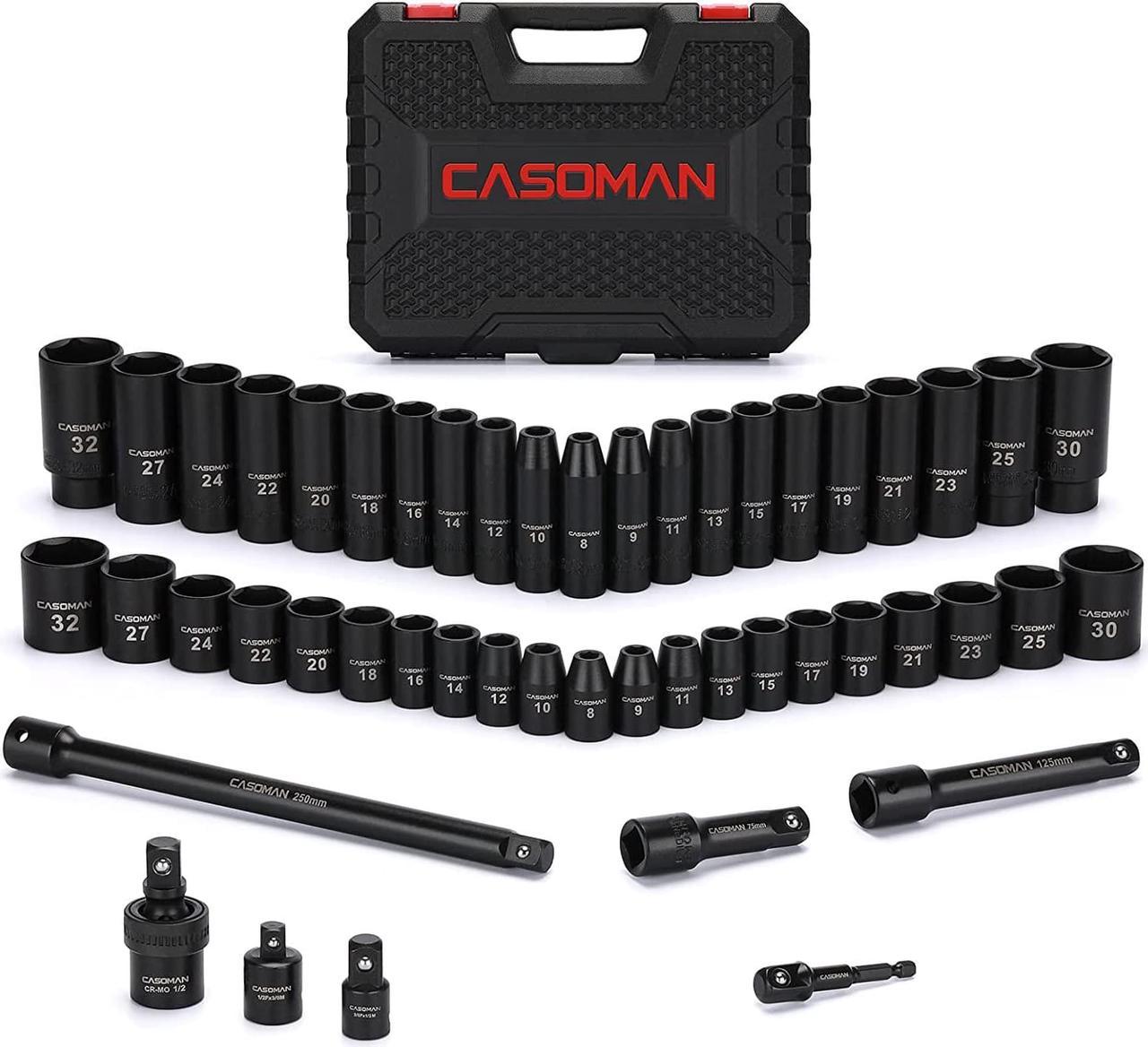 CASOMAN 49PCS 1/2-Inch Drive Impact Socket Set, Deep&Shallow,CR-V, 6 Point, Metric Socket Set, 8mm-32mm, Includes Extension Bars, Adapters, Impact Universal Joint