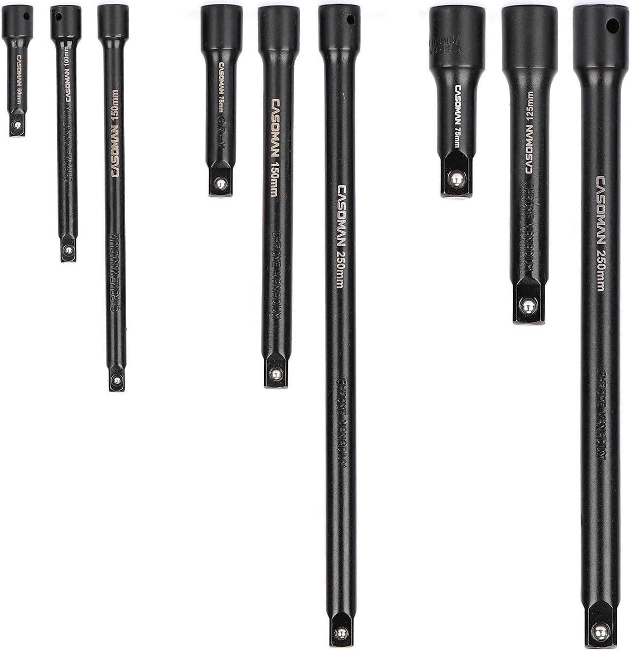 CASOMAN 9 Pieces Extension Bar Set, 1/4", 3/8" and 1/2" Drive Socket Extension, Premium Chrome Vanadium Steel with Black Phosphate Finish