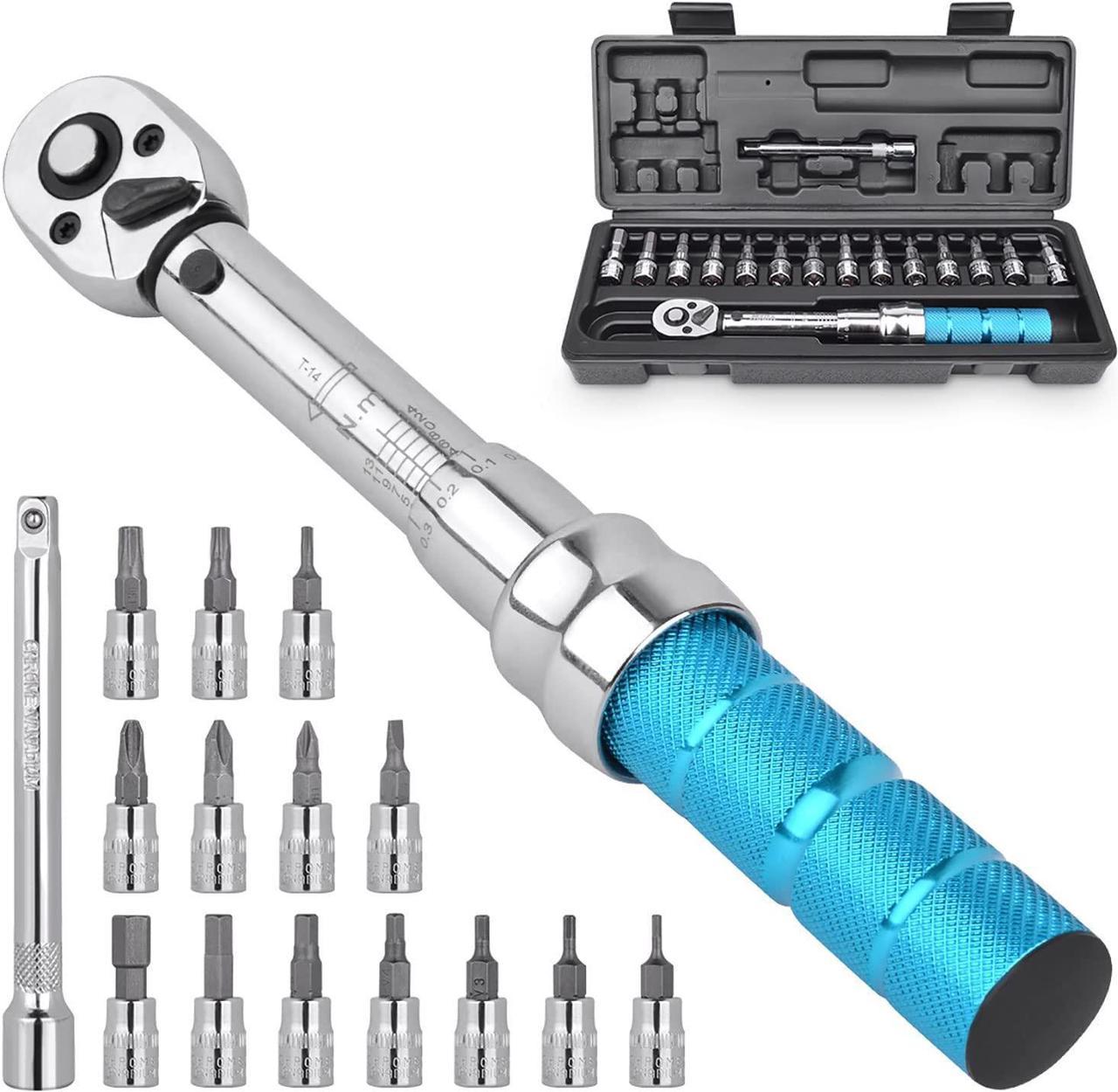 COTOUXKER Bike Torque Wrench Set, 1/4 Inch Drive Torque Wrench 2 to 14 Nm Bicycle Tool Kit for MTB Mountain Road Bikes with Allen Key, Torx Sockets, Extension Bar