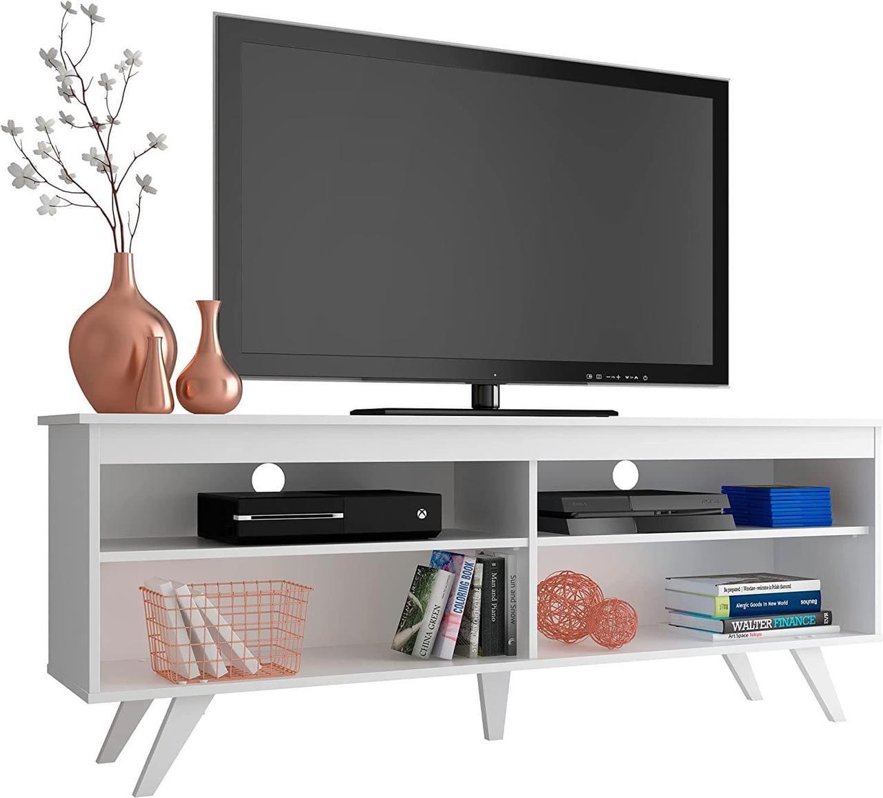 MADESA TV Stand with 4 Shelves and Cable Management, 59 inch TV Table for TVs up to 65 Inches, Wooden Entertainment Center, 23 H x 15" D x 59 L - White