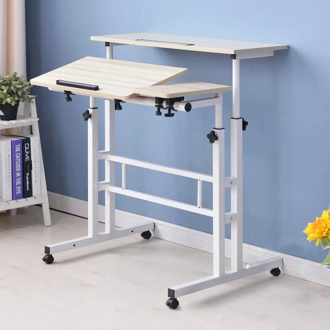 Alt view image 2 of 7 - Rolling Standing Desk Height Adjustable, 31.5 inch Mobile Stand Up Computer Desk, Sit-Stand Tiltable Top Desk Laptop Stand for Small Spaces, Tall Table for Standing or Sitting, Maple