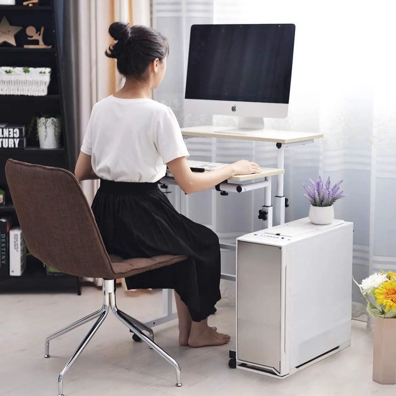 Alt view image 5 of 7 - Rolling Standing Desk Height Adjustable, 31.5 inch Mobile Stand Up Computer Desk, Sit-Stand Tiltable Top Desk Laptop Stand for Small Spaces, Tall Table for Standing or Sitting, Maple