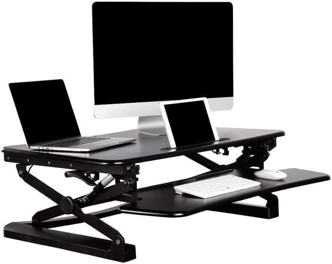 37 inch Dual Monitor Standing Desk Converter,Height Adjustable Sit Desk Riser Wide Keyboard Tray for Laptop or Computer Workstation -PrimeCables