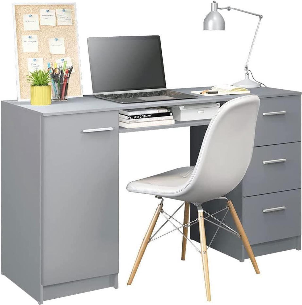 Madesa Home Office Computer Writing Desk with 3 Drawers, 1 Door and 1 Storage Shelf, Plenty of Space, Wood, 30 H x 18 D x 53 W - Gray