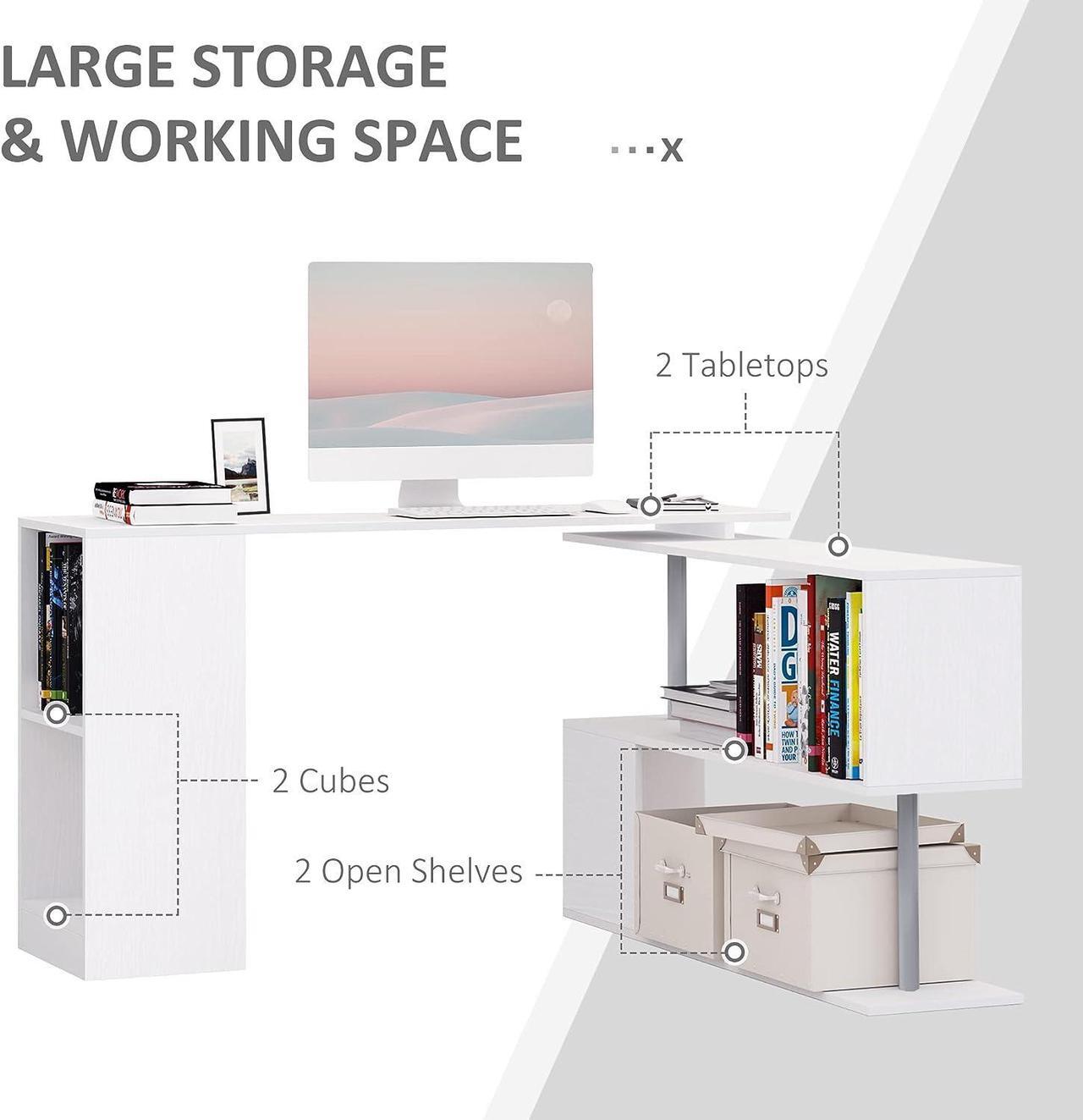 Alt view image 5 of 7 - HOMCOM 55" 360° Rotating Corner Computer Desk Modern L-Shaped Home Office Workstation with 3-Tier Storage Shelves, Bookshelf, White