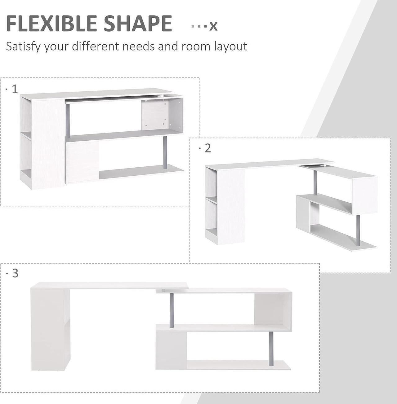 Alt view image 4 of 7 - HOMCOM 55" 360° Rotating Corner Computer Desk Modern L-Shaped Home Office Workstation with 3-Tier Storage Shelves, Bookshelf, White