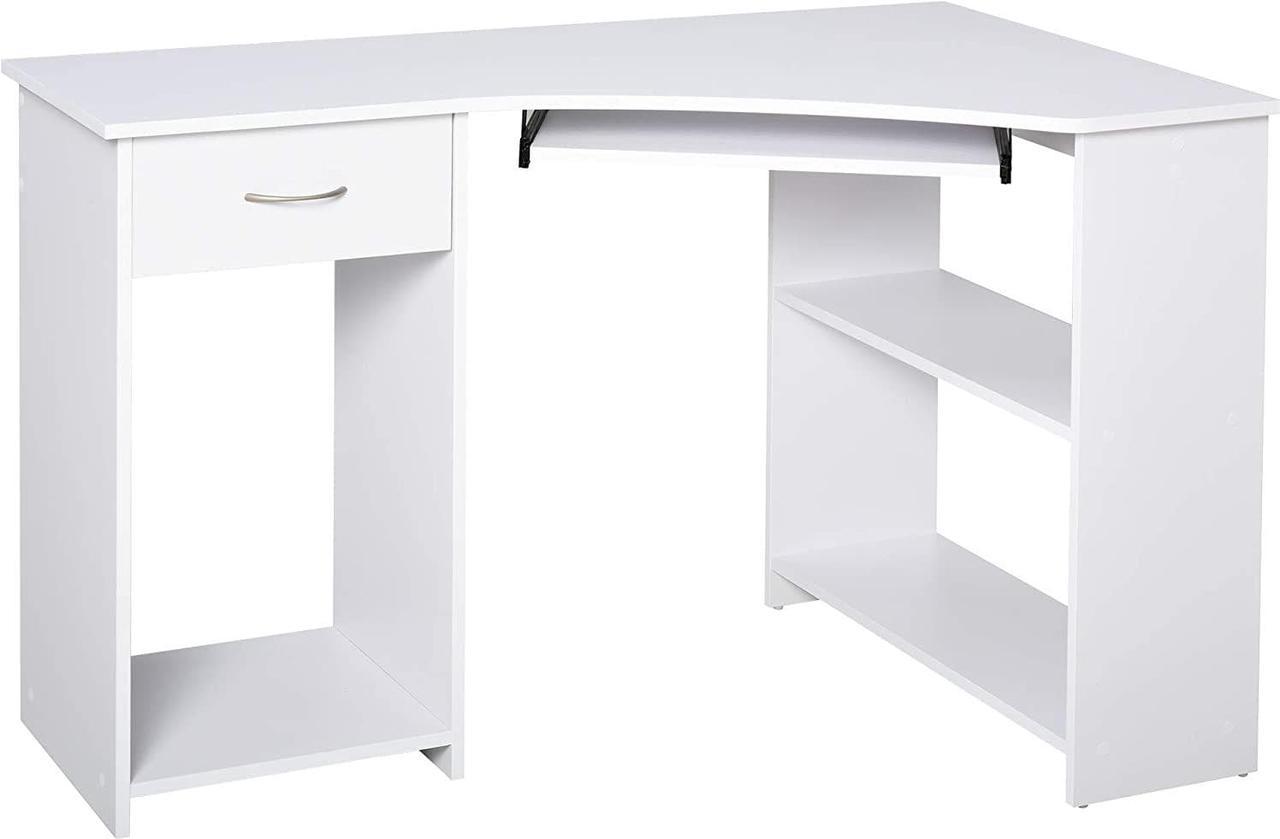 HOMCOM L-Shaped Desk with Keyboard Tray, Computer Corner Desk for Small Space with Shelves, Drawer, CPU Stand, Home Office Writing Table, White