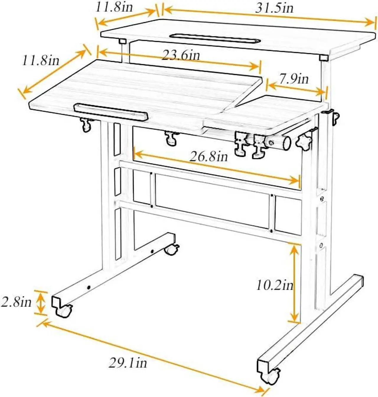 Alt view image 3 of 7 - Rolling Standing Desk Height Adjustable, 31.5 inch Mobile Stand Up Computer Desk, Sit-Stand Tiltable Top Desk Laptop Stand for Small Spaces, Tall Table for Standing or Sitting, Maple